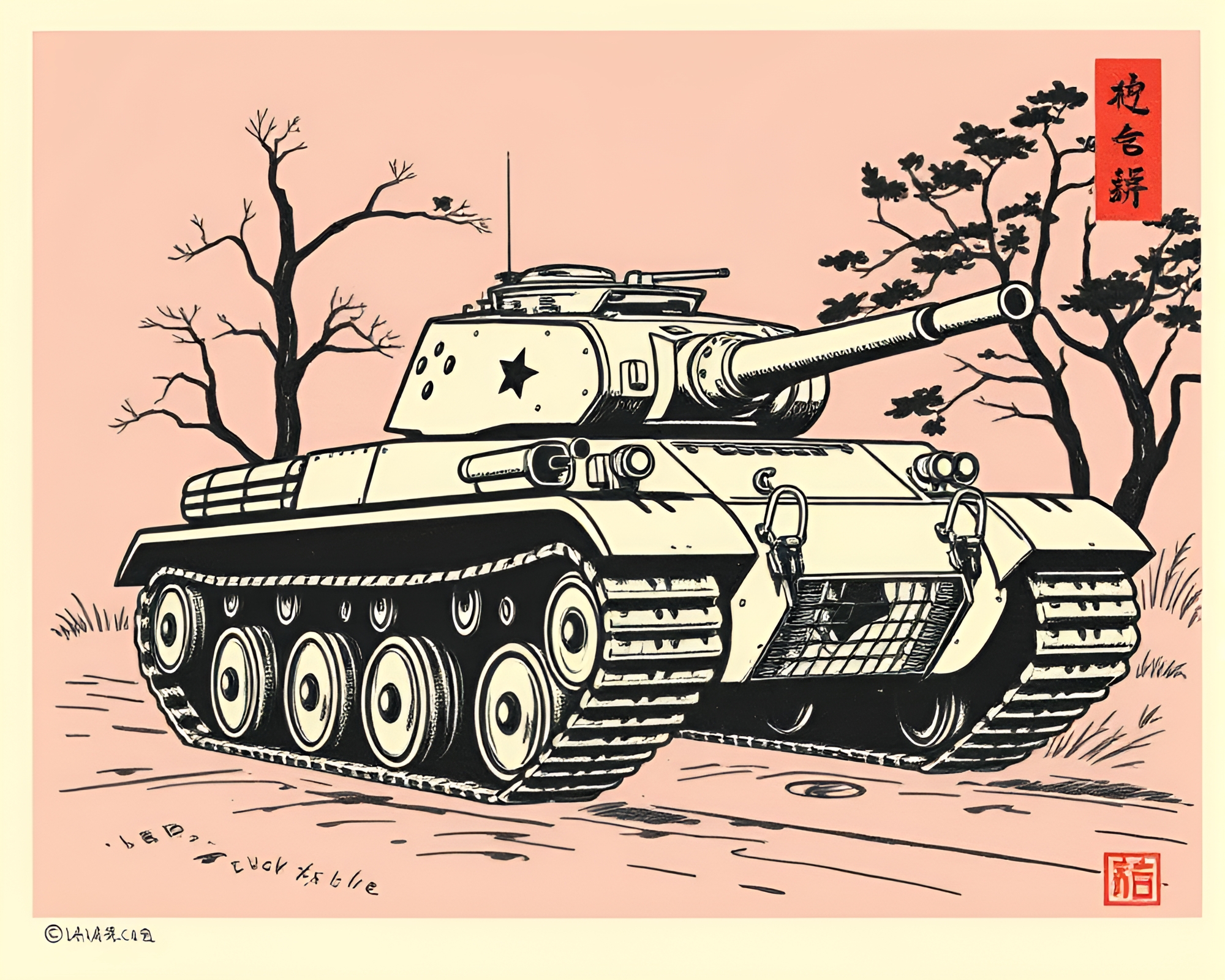 Soft Pink Armored Tank in Woodblock Print Style – free AI stock image