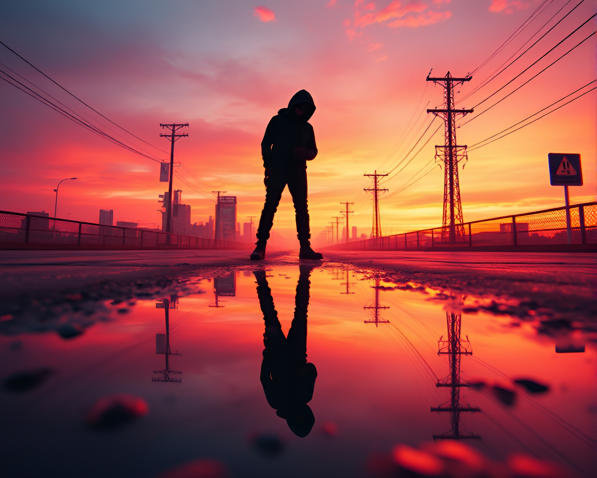 Cyberpunk Vigilante Sunset Puddle Reflection in Anaglyph 3D – free AI stock image