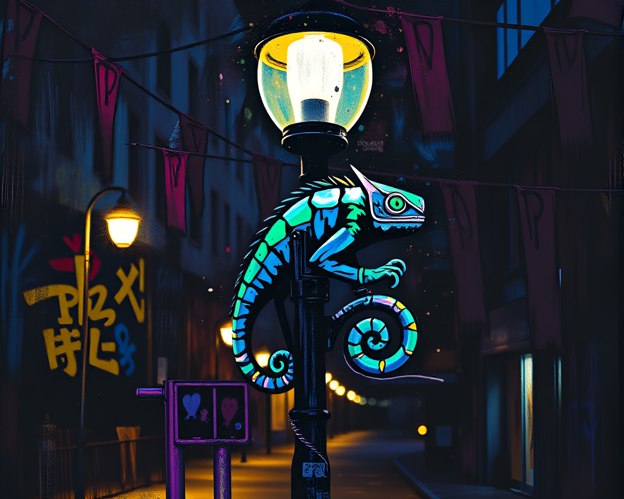 Chameleon street art in action-packed urban ambiance – free AI stock image
