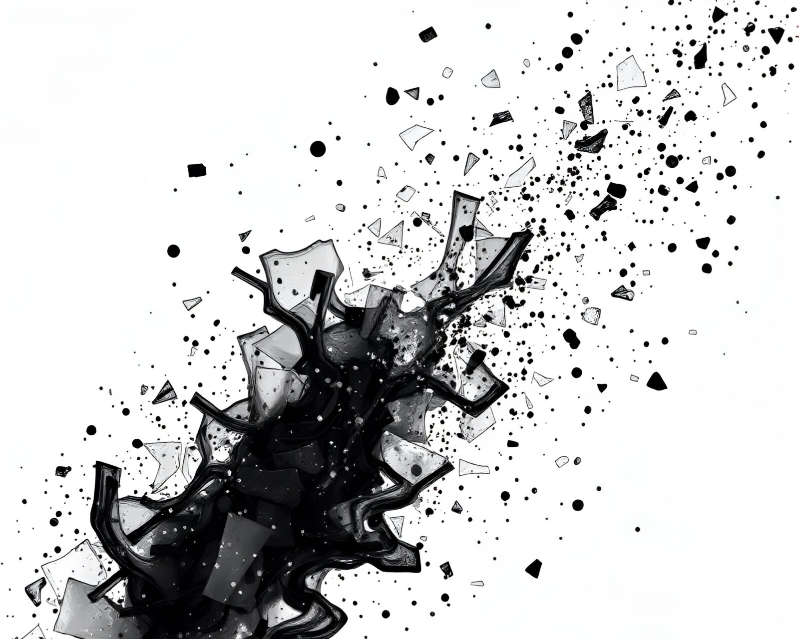 Monochrome image of glass shards with ink calligraphy splattered like confetti