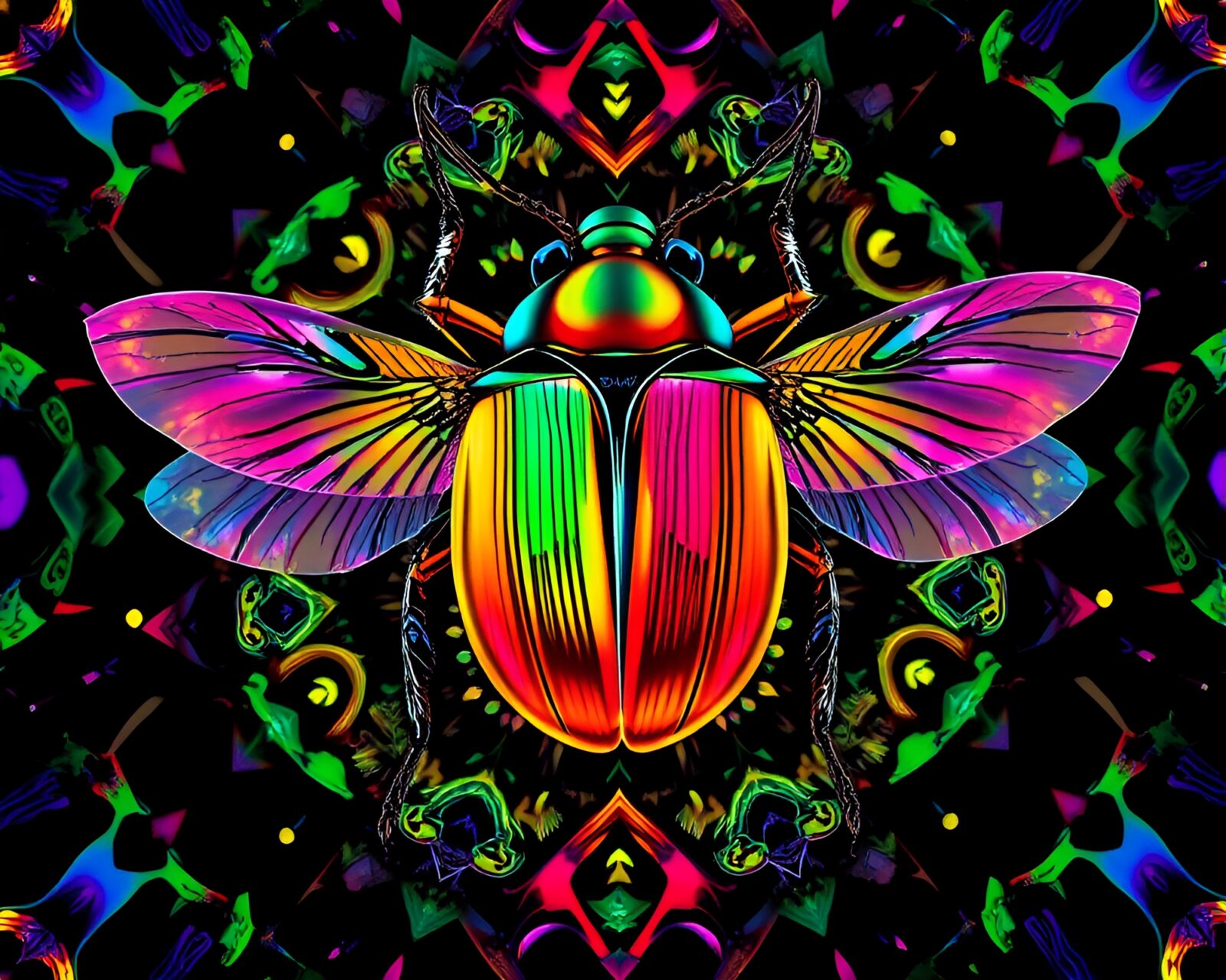 Colorful beetle fractal art in aurora hues