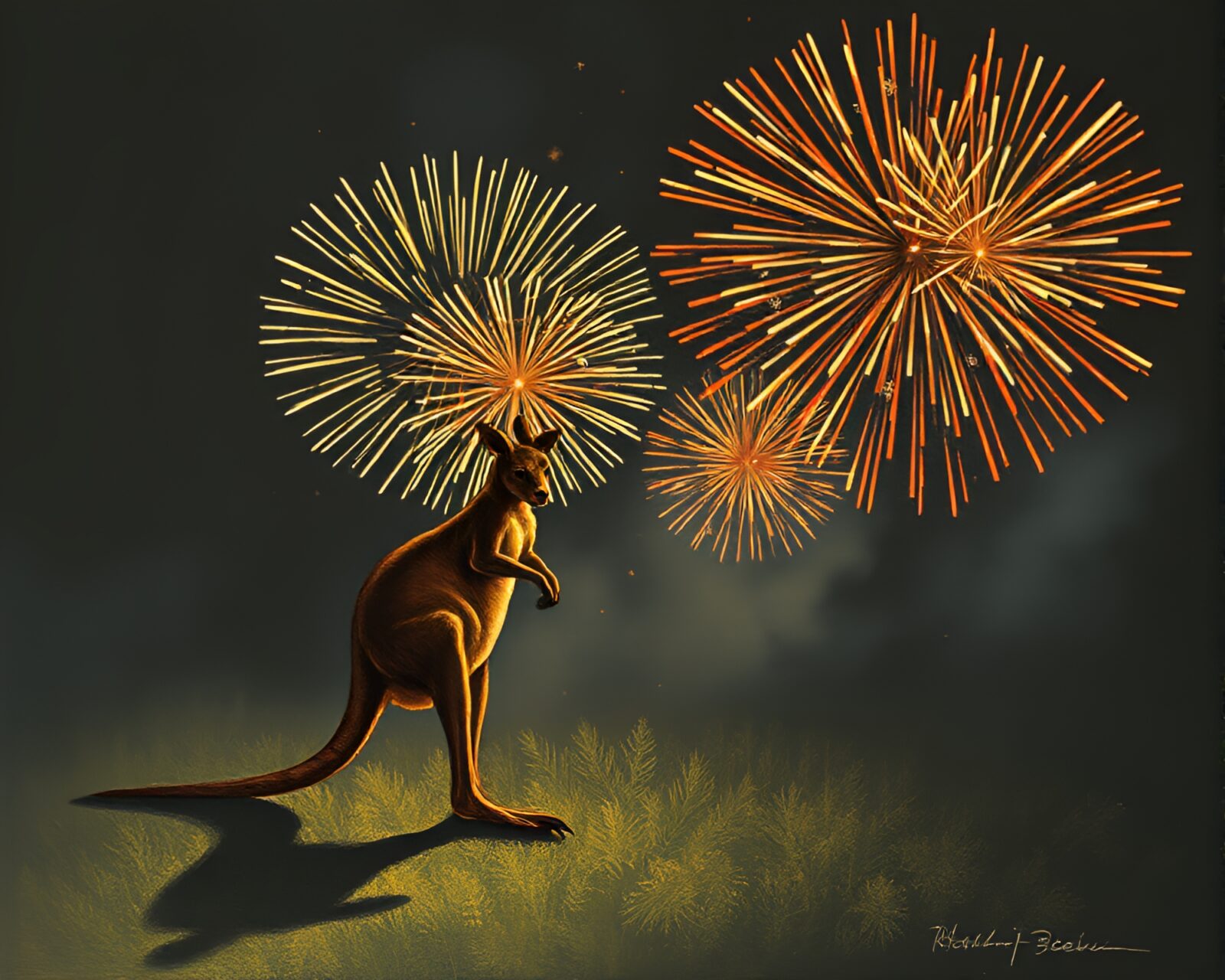 A kangaroo shadow against colorful bursting fireworks in dim light