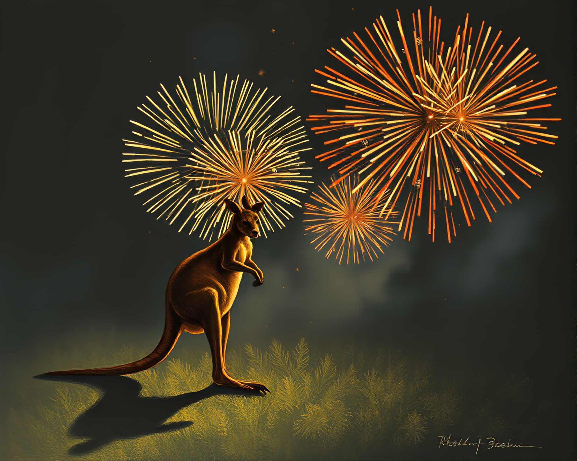 Kangaroo Silhouette in Sgraffito Firework Night – free AI stock image