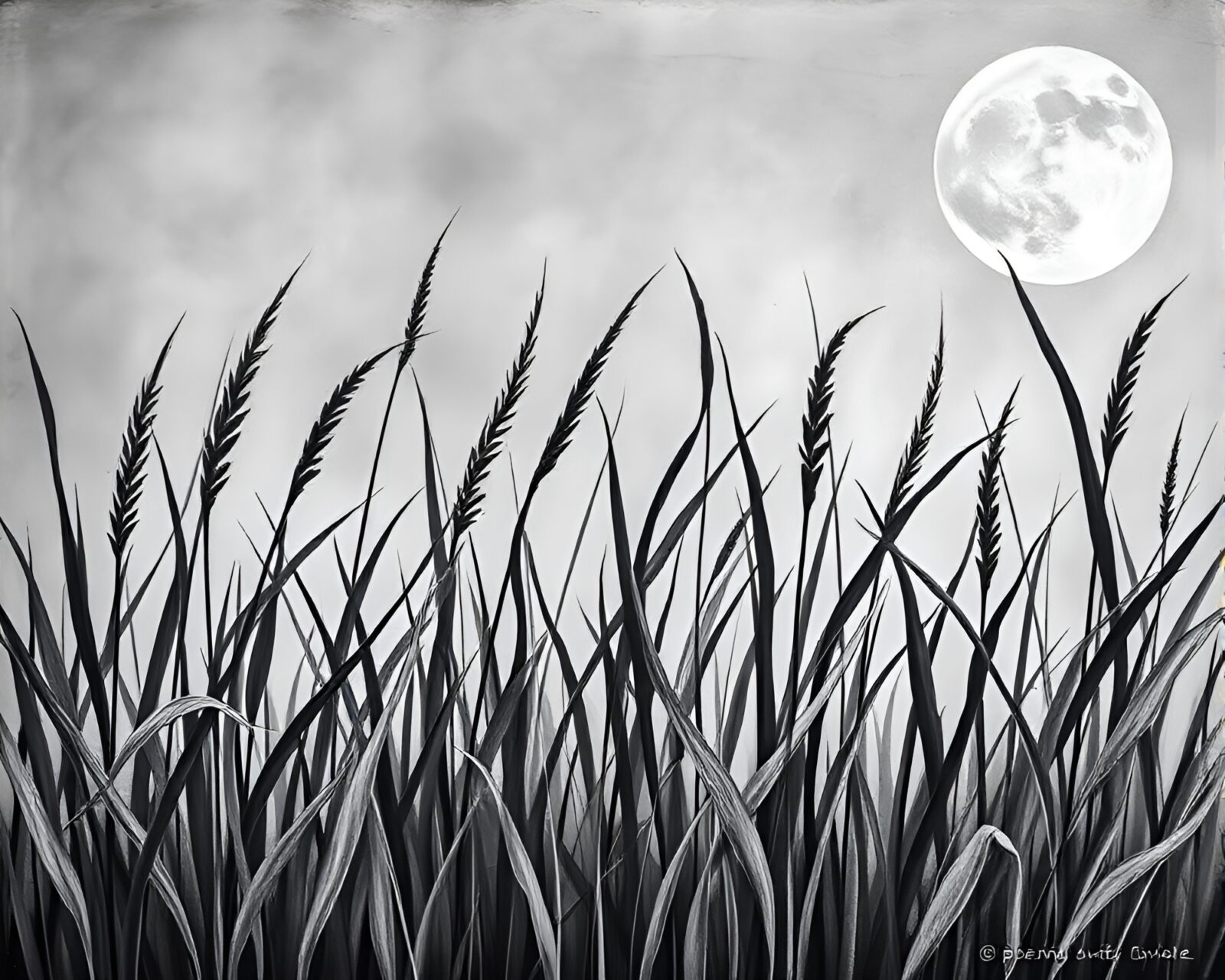 Intricate leaf vein pattern on moonlit grass painting