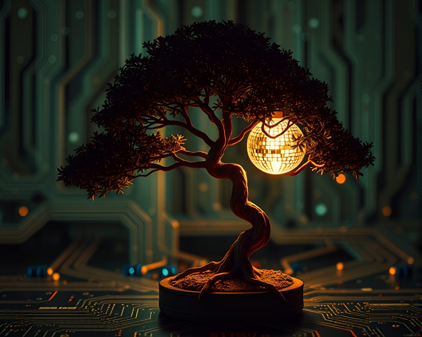 Intricate circuit board pattern overlaid on mystical bonsai tree.