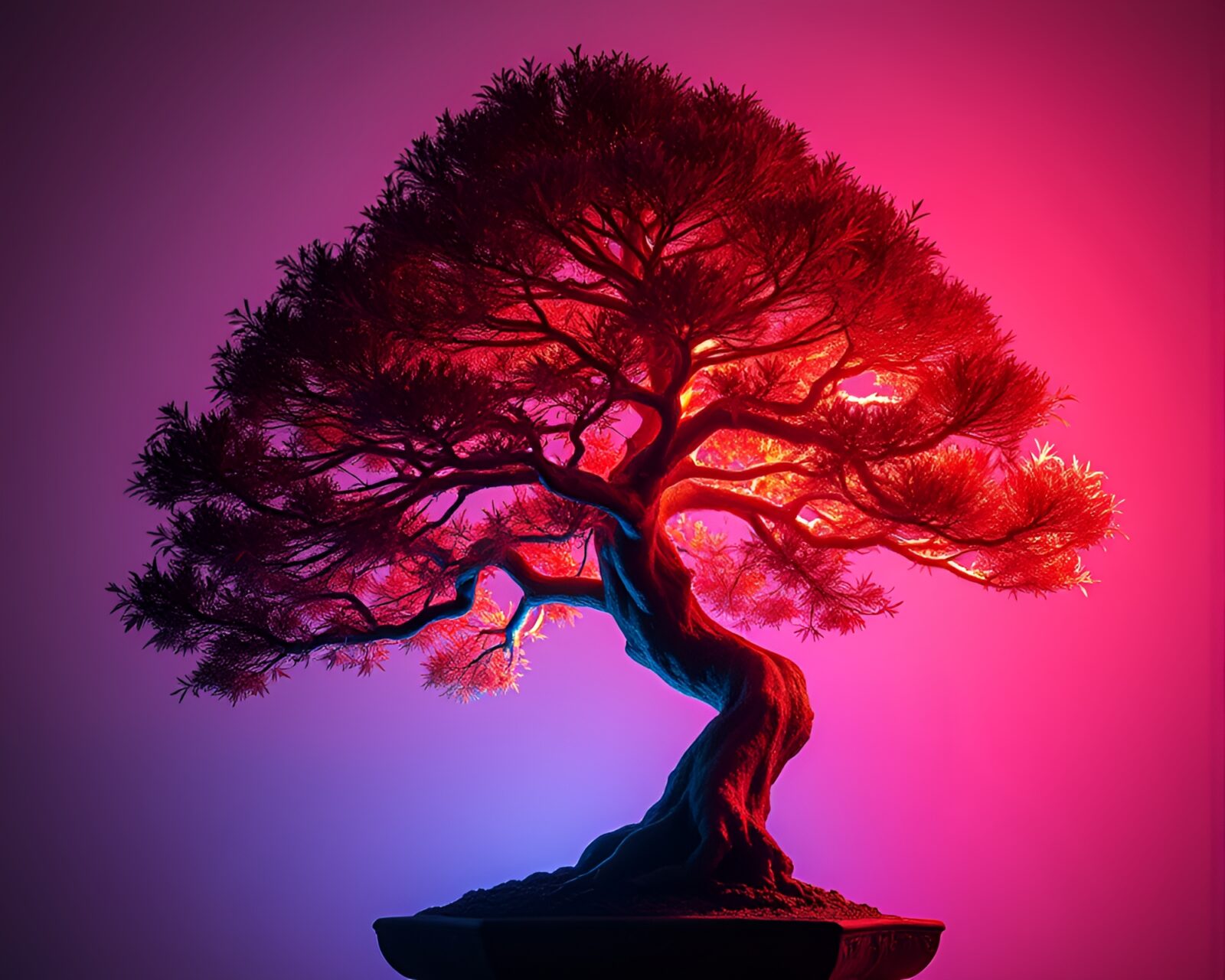 Bright duotone image of zooming neon bonsai tree