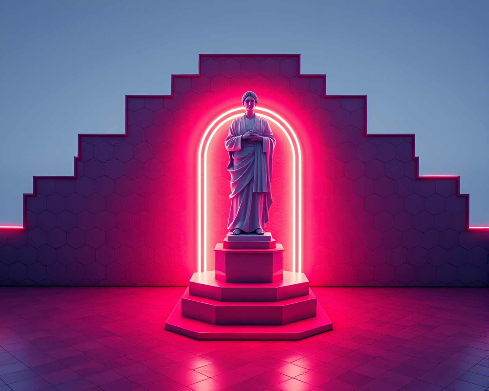 Futuristic statue glowing in hexagonal 3D environment
