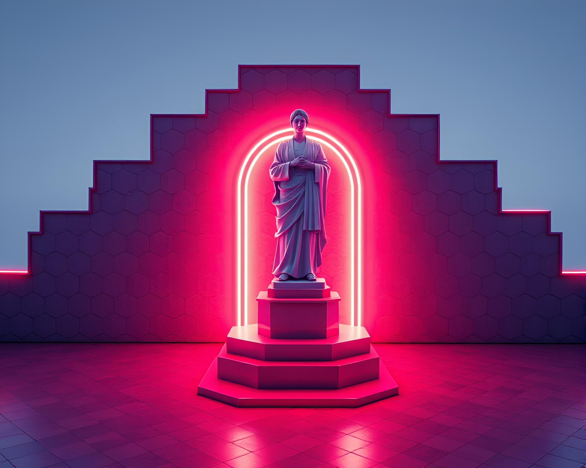 Neon Statue in Low-Poly Hexagonal Tiling Scene – free AI stock image