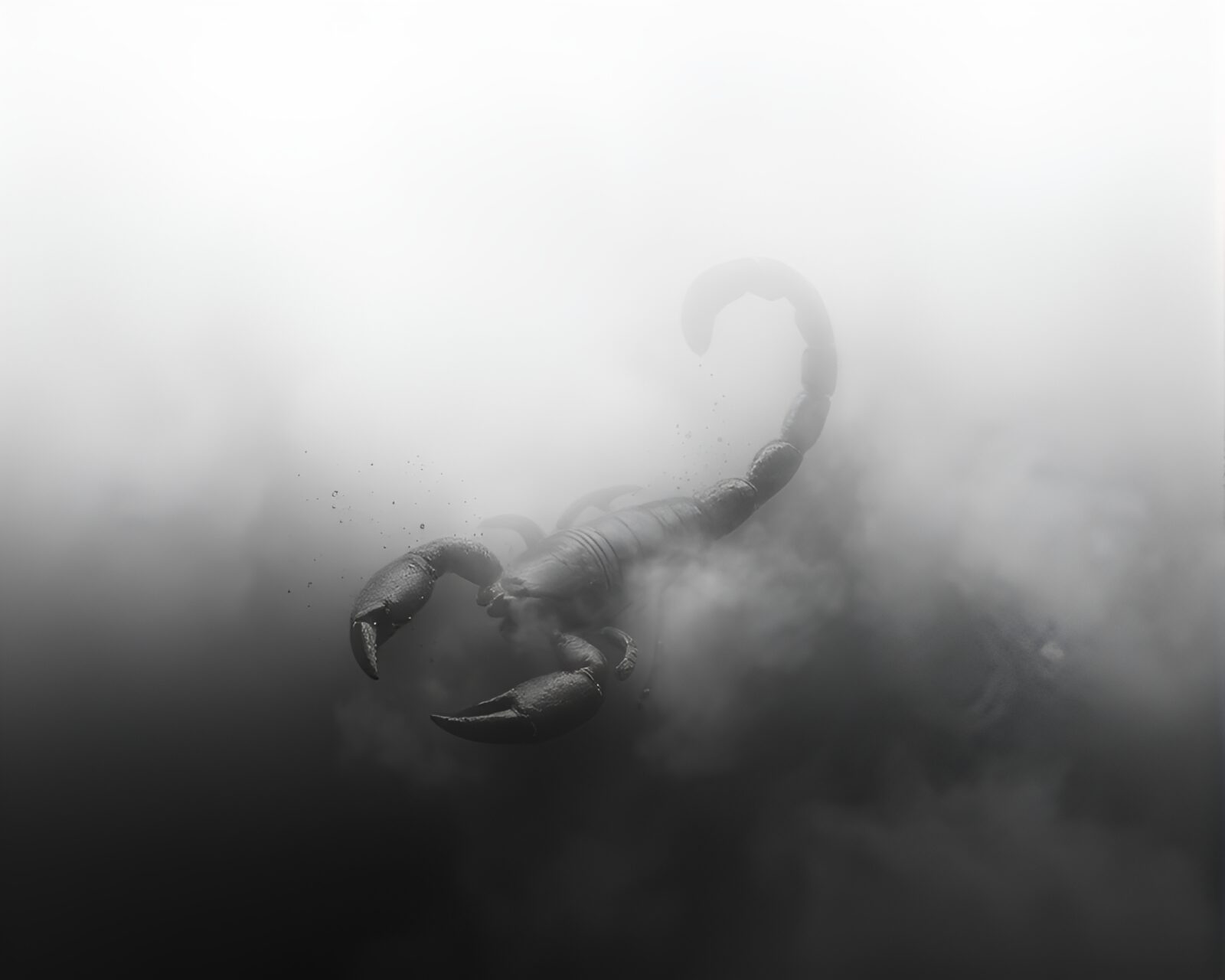 Majestic fog enveloping a lone scorpion in shades of gray