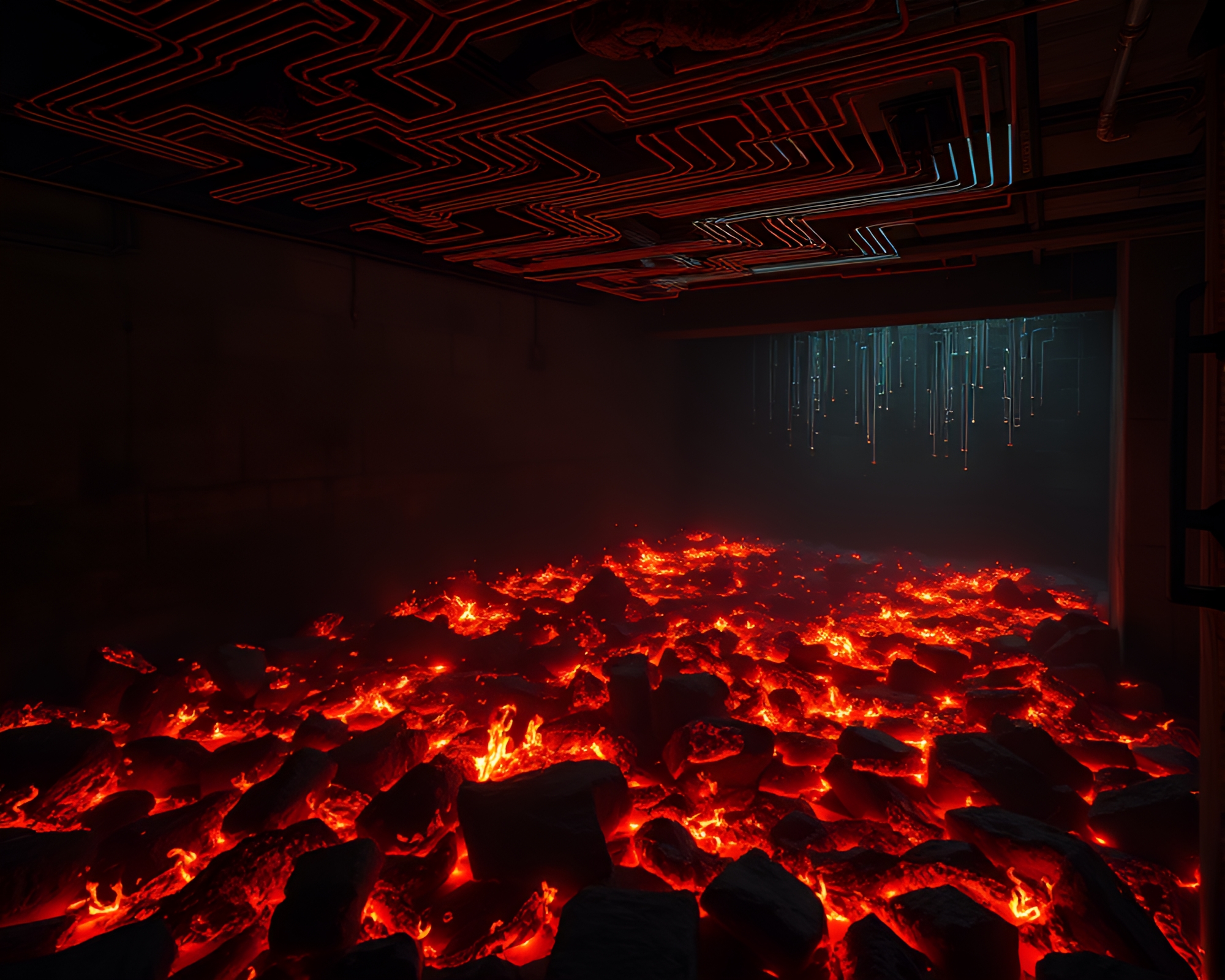Glowing Circuit Board Embers in Dark Basement – free AI stock image
