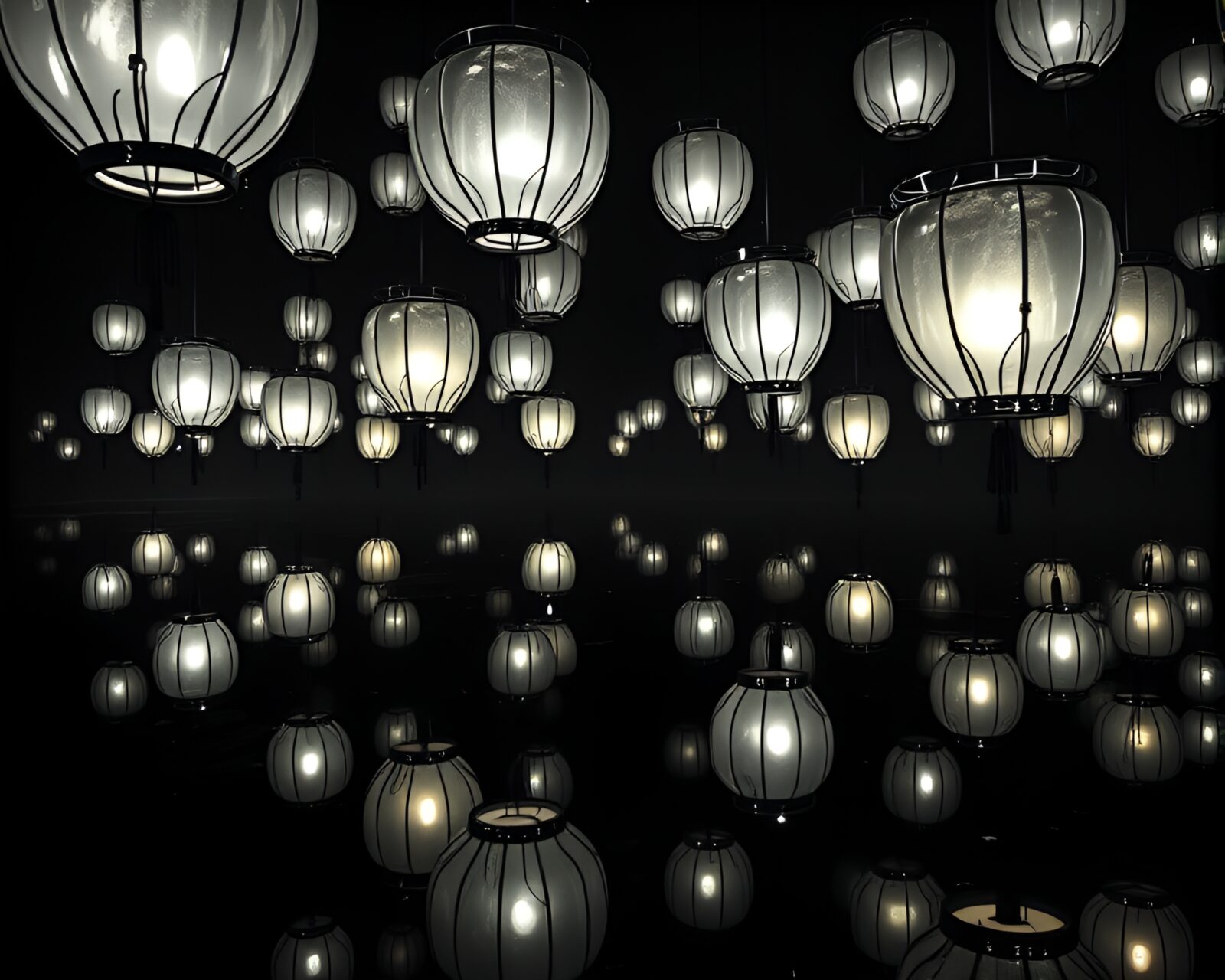 Floating lanterns surrounded by shadowy chrome reflections