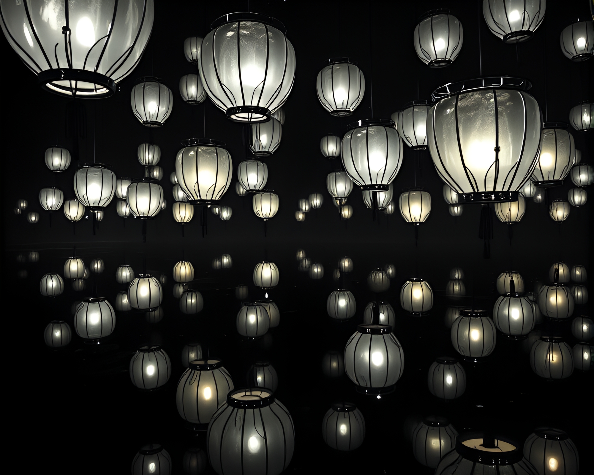 Ethereal Lanterns in Chromatic Reflections – free AI stock image