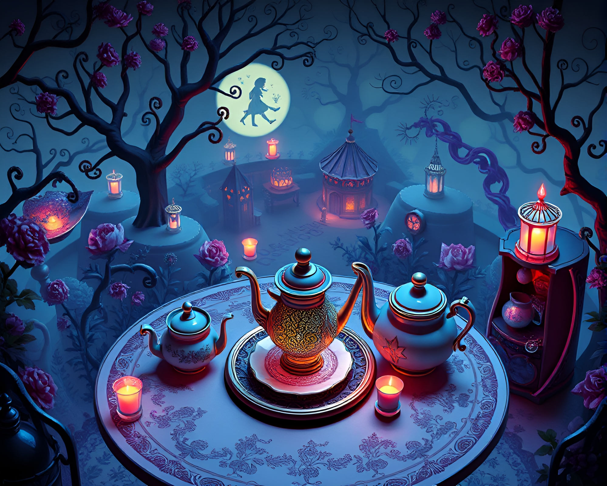 Enchanting Glow-in-the-Dark Alice Tea Party – free AI stock image