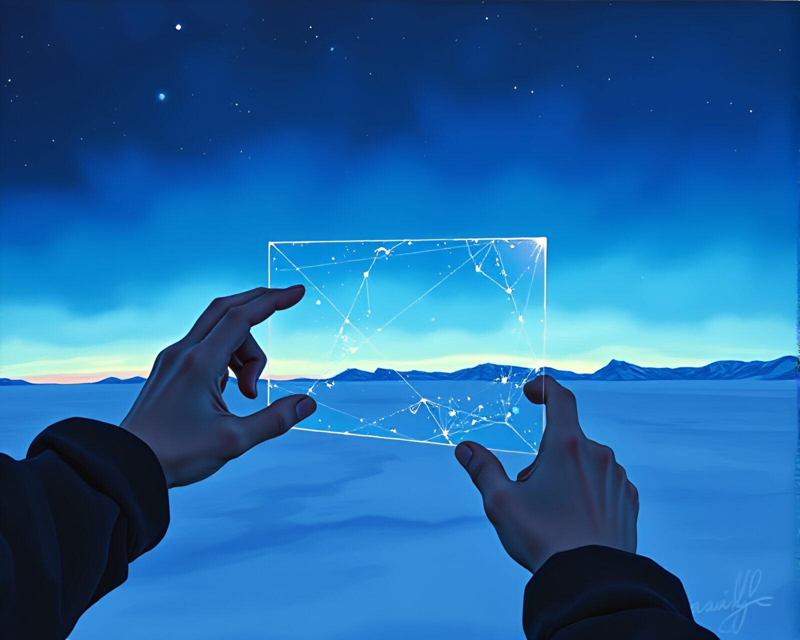 Gouache painting of holographic display in polar twilight