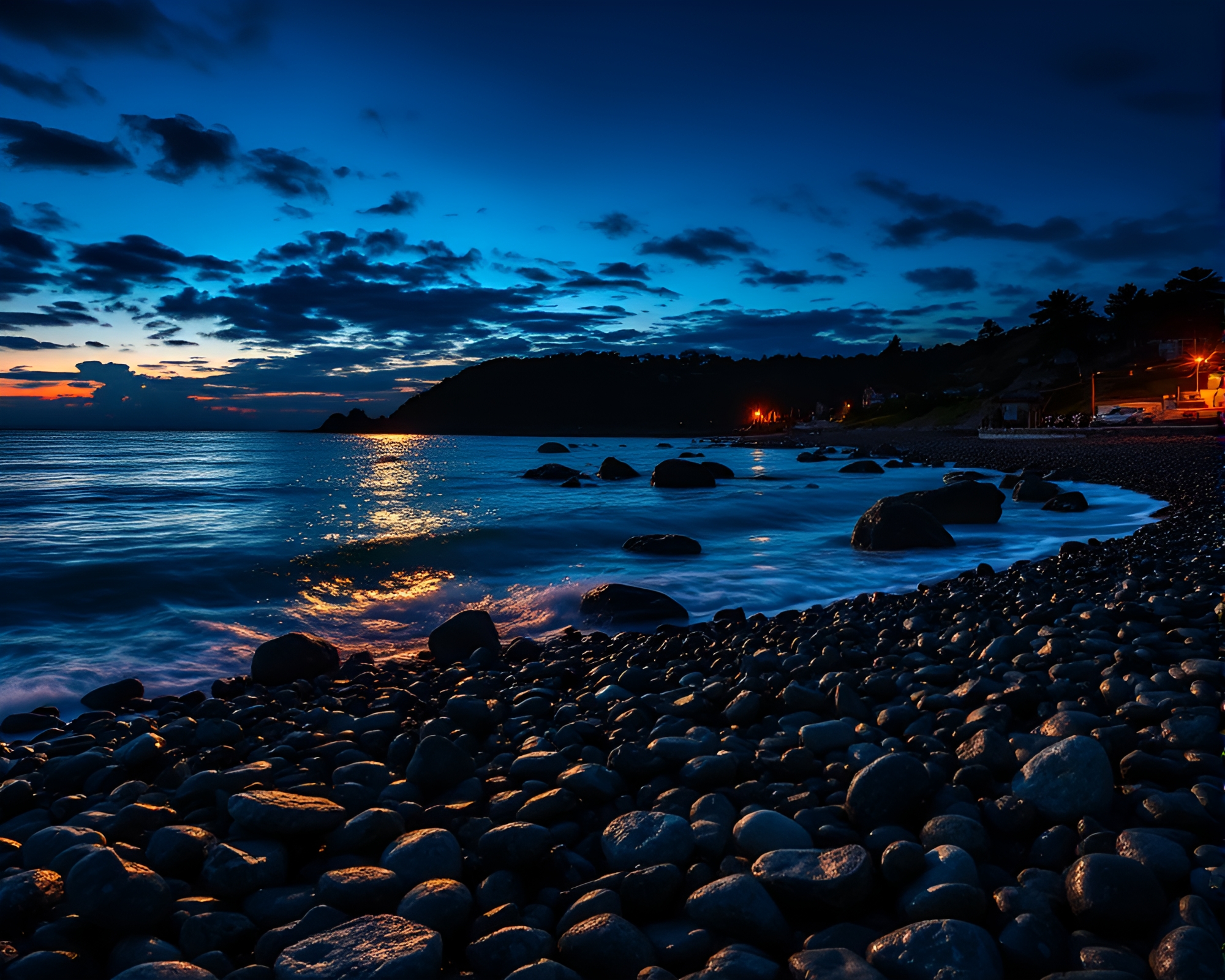 Foil-Stamped Pebble Beach at Blue Hour – free AI stock image