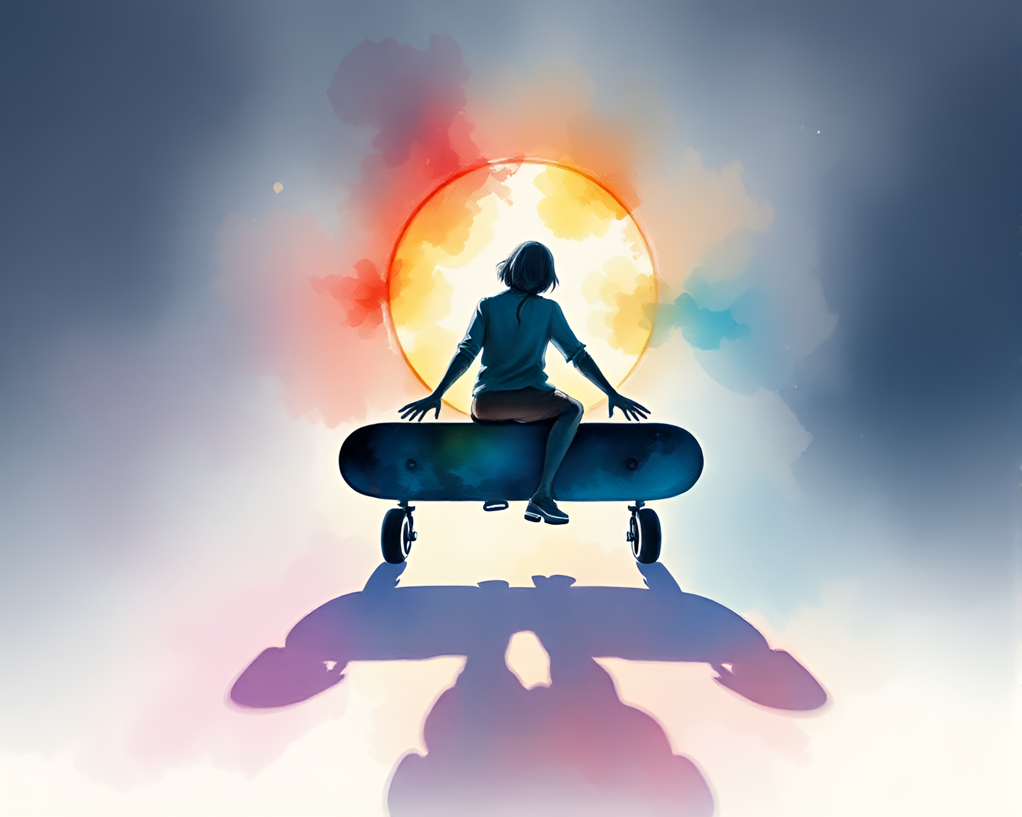 Hoverboard Eclipse Shadow Watercolor Bloom Underpainting – free AI stock image