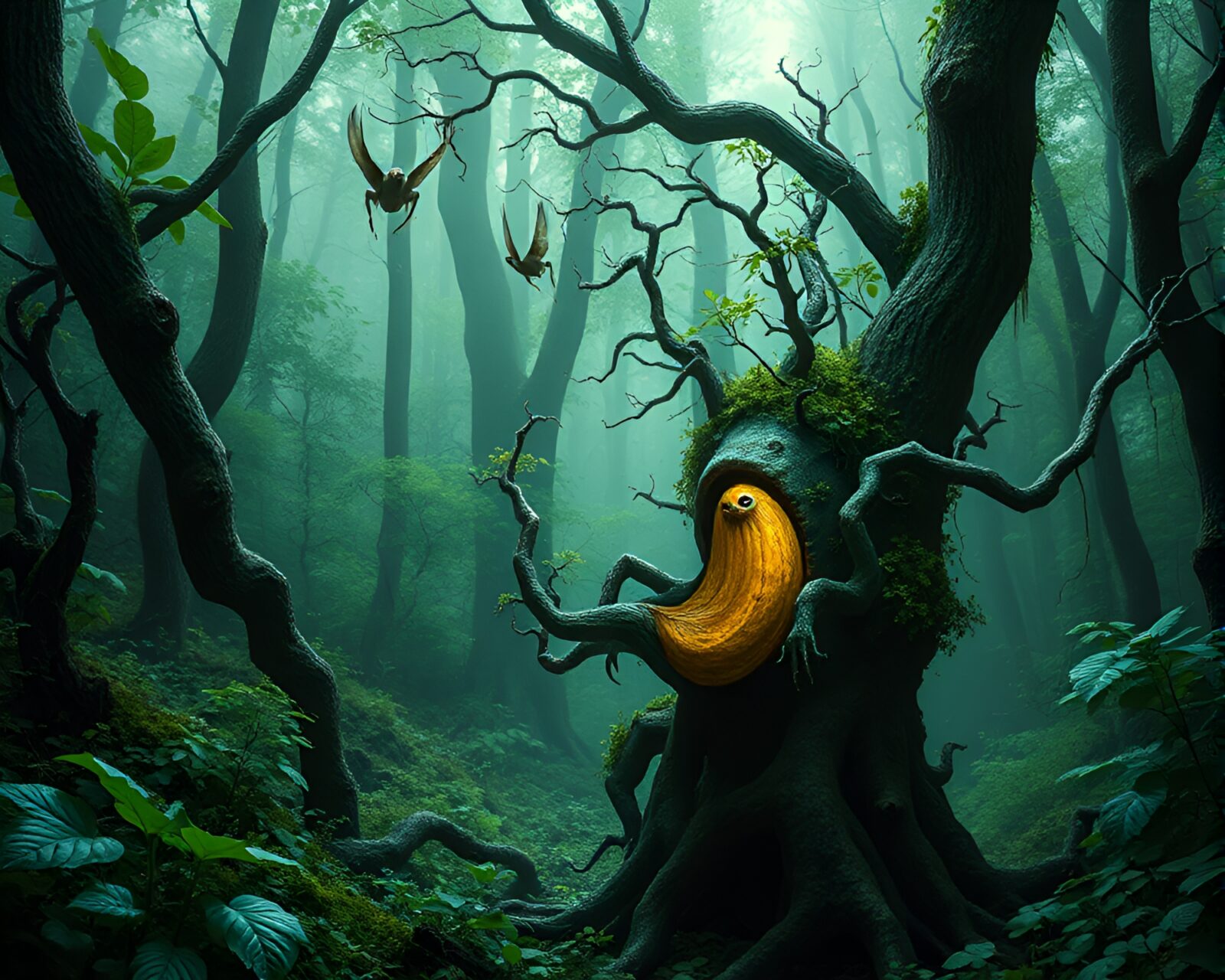 Enchanted green forest with bio-organic Lovecraftian elements entwined