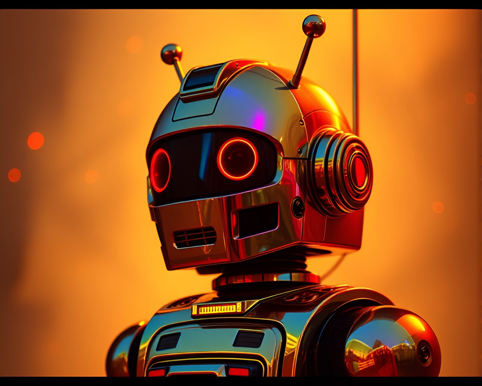 Colorful soap film reflecting bonfire light with retro robot
