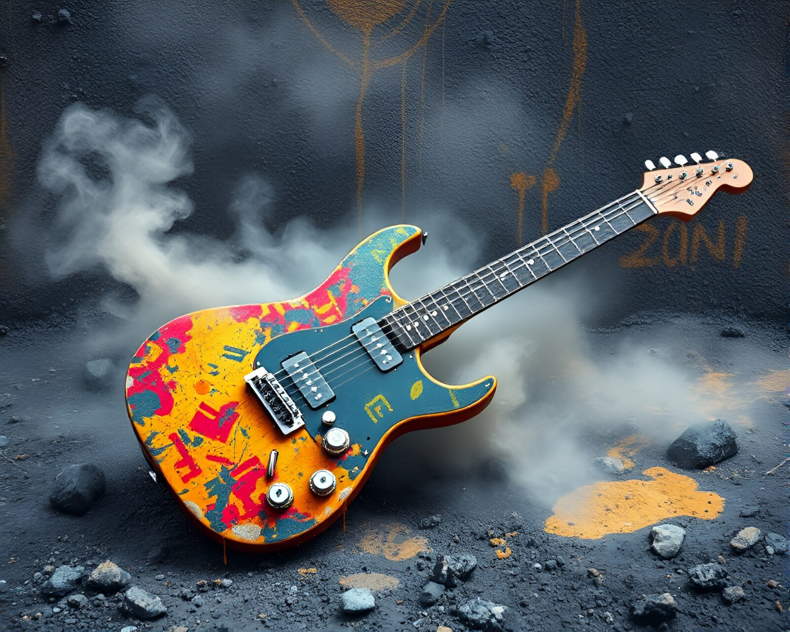 Abstract guitar player in surreal volcanic graffiti environment