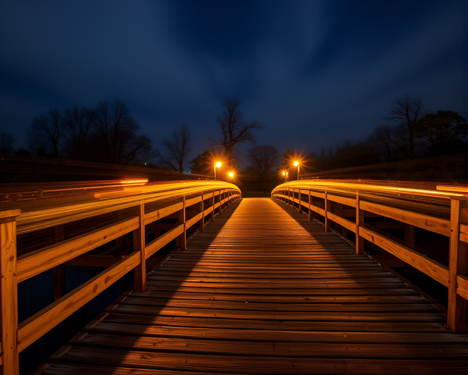 Double exposure of candlelit wooden bridge in ethereal glow