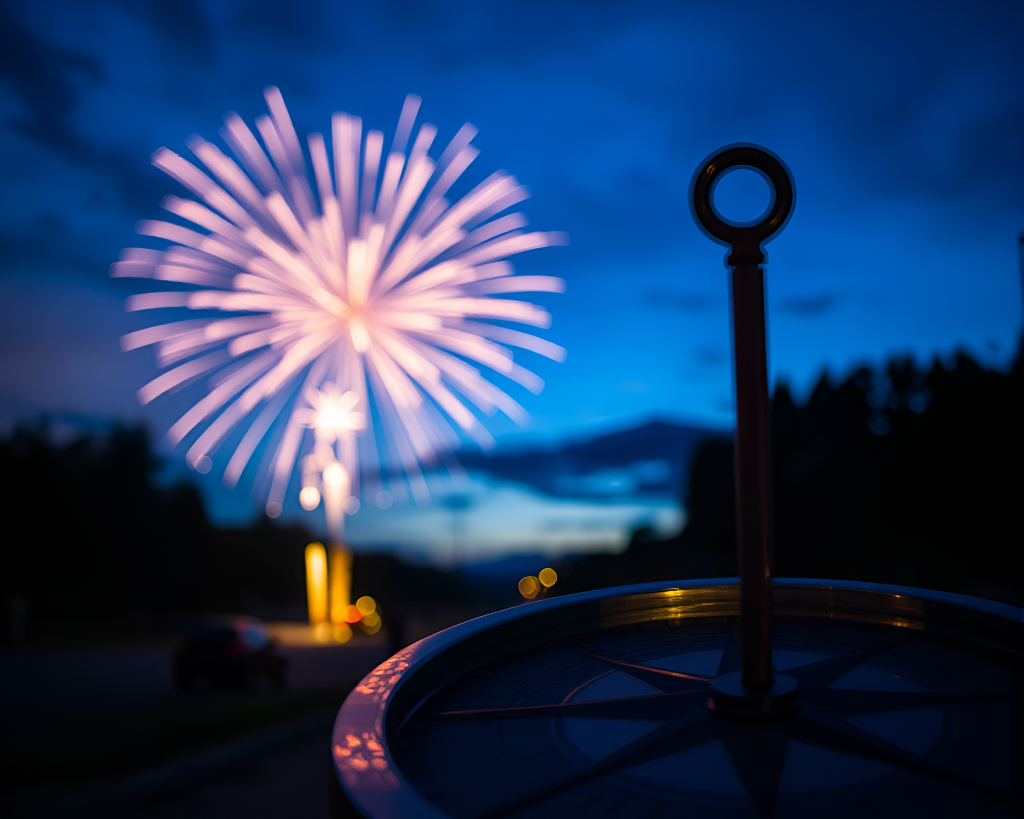 Twilight Compass Fireworks Burst – free AI stock image
