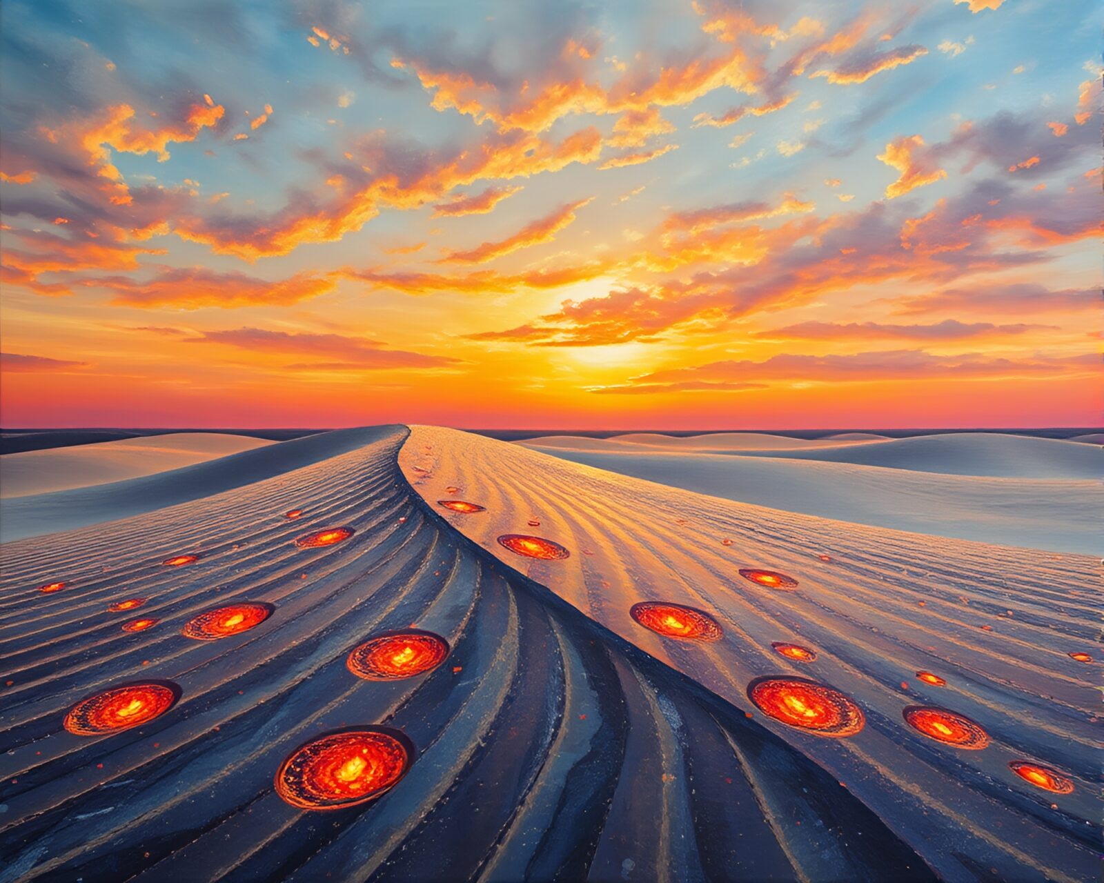 Encaustic masterpiece of kaleidoscope embers over desert dunes
