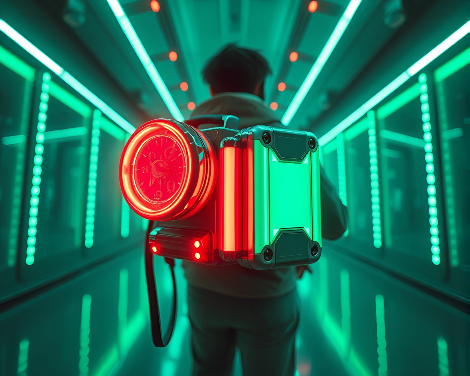 Wide-angle view of futuristic mint green jetpack illuminated by LED lights