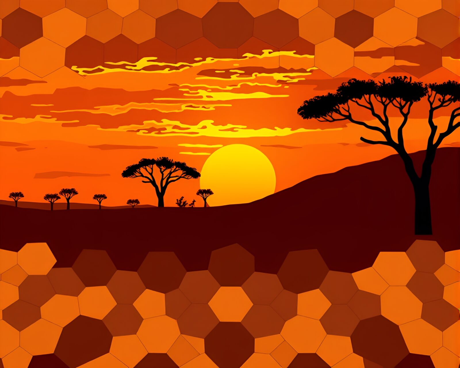 Hexagonal tiling in desert sunset palette with skeuomorphic style