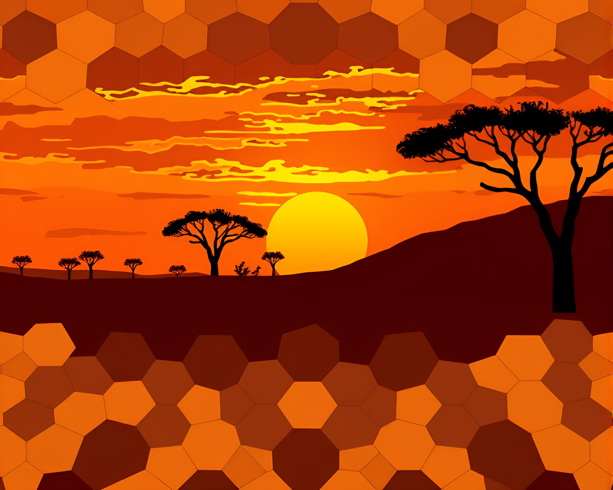Savanna Sunset Hexagonal Skeuomorphic Design – free AI stock image