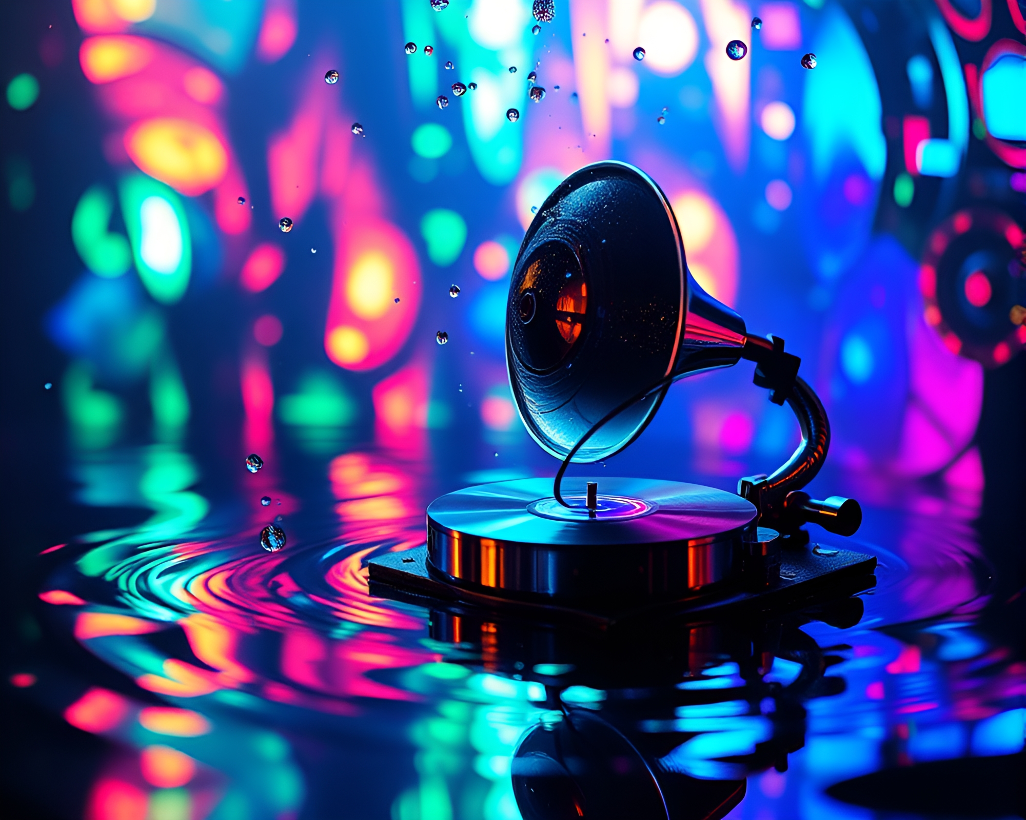 Surreal Steampunk Gramophone Water Distortion – free AI stock image