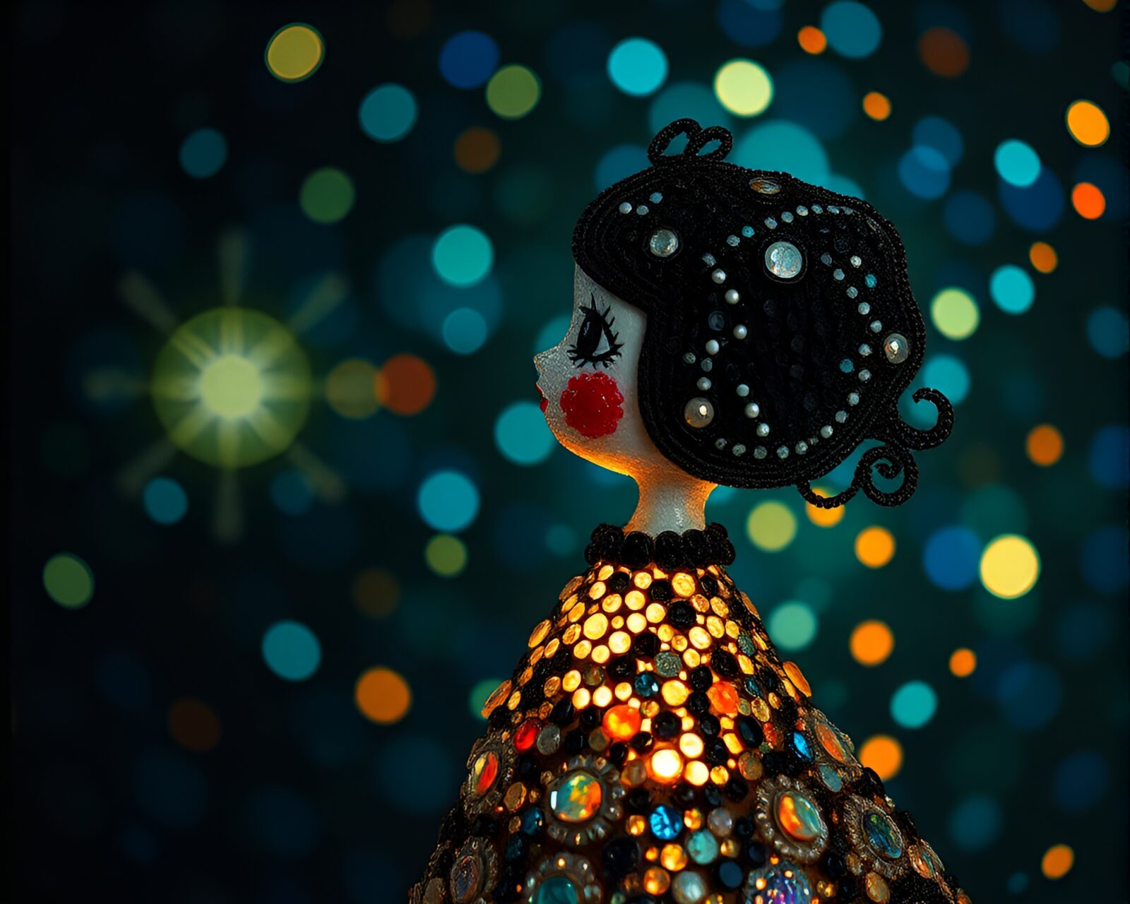 Mosaic lighting creates ethereal glow on delicate porcelain doll