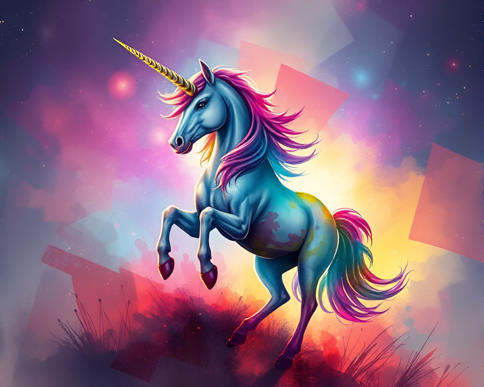 Majestic unicorn in electric cyberpunk setting with hazy lighting