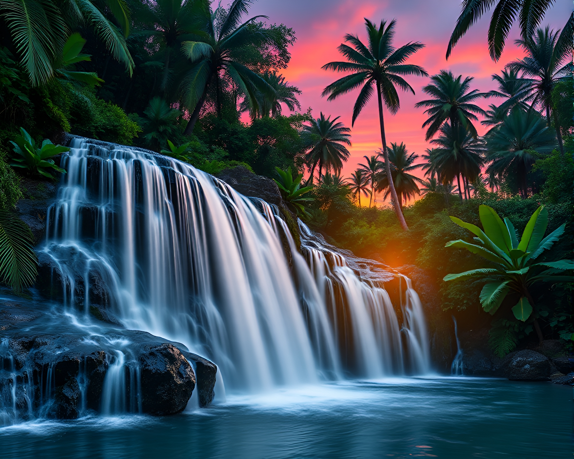 Tropical Waterfall at Dusk in Fibonacci Spiral Design – free AI stock image