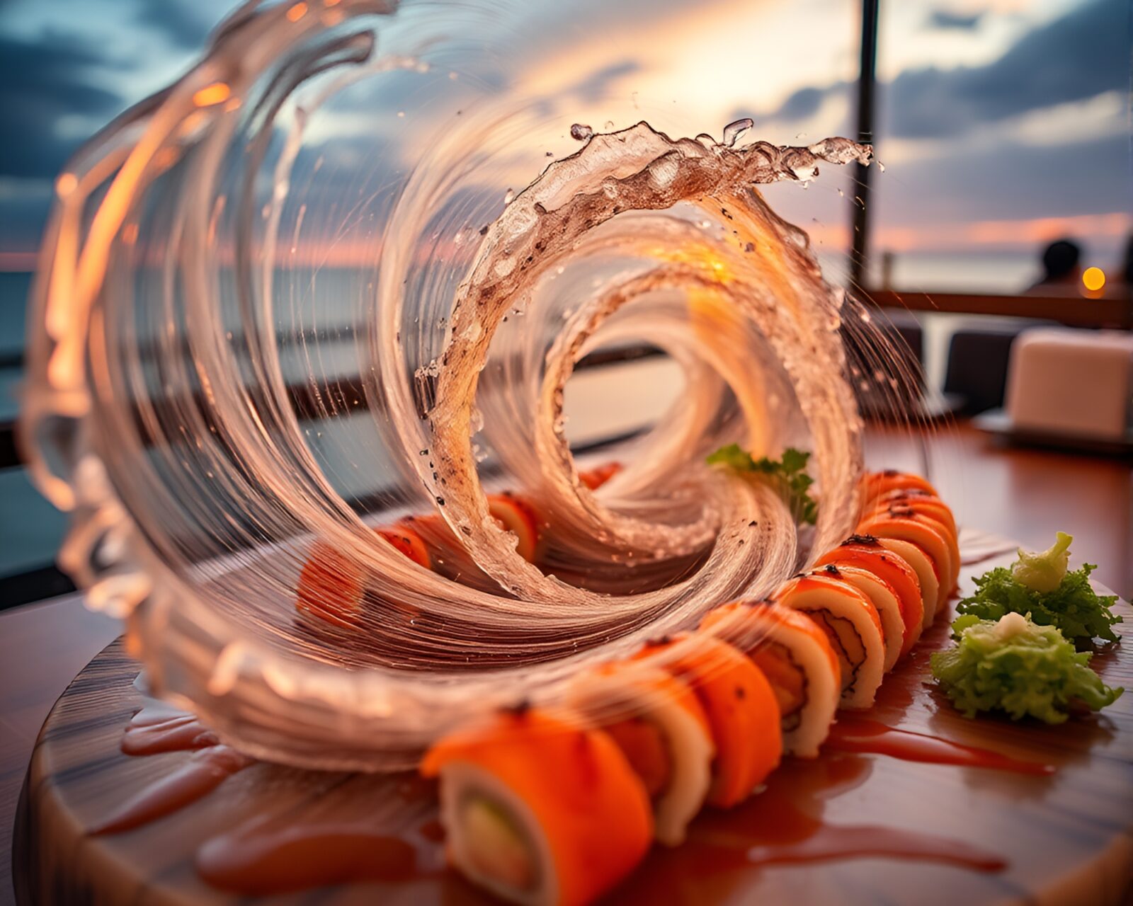 Majestic swirling sushi art under twilight skies
