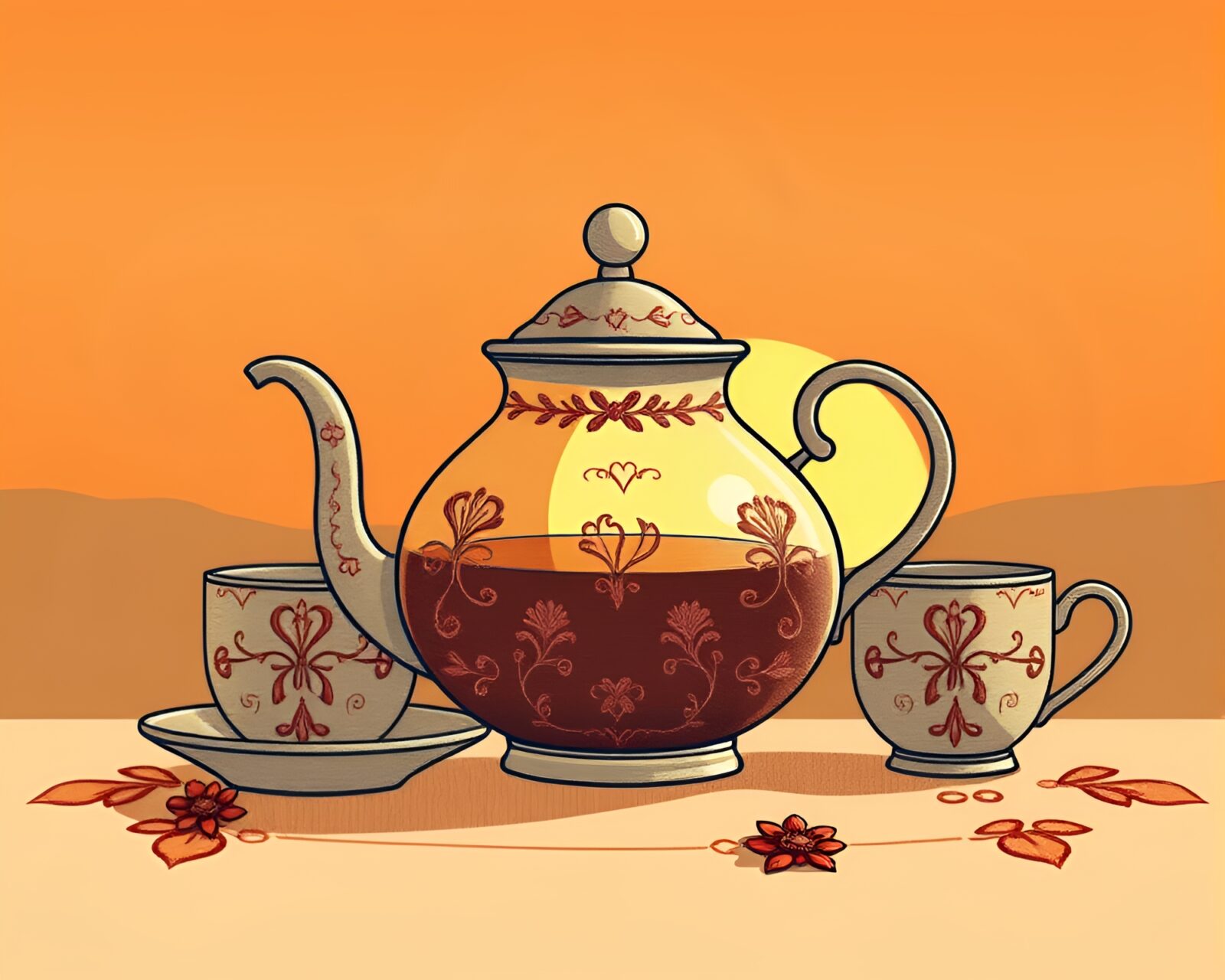Illustration of a steampunk tea set glowing in sunset