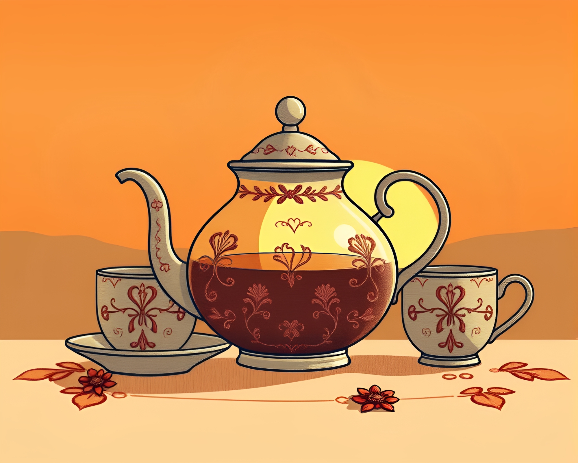 Steampunk Tea Set Embroidered in Sunset Glow – free AI stock image