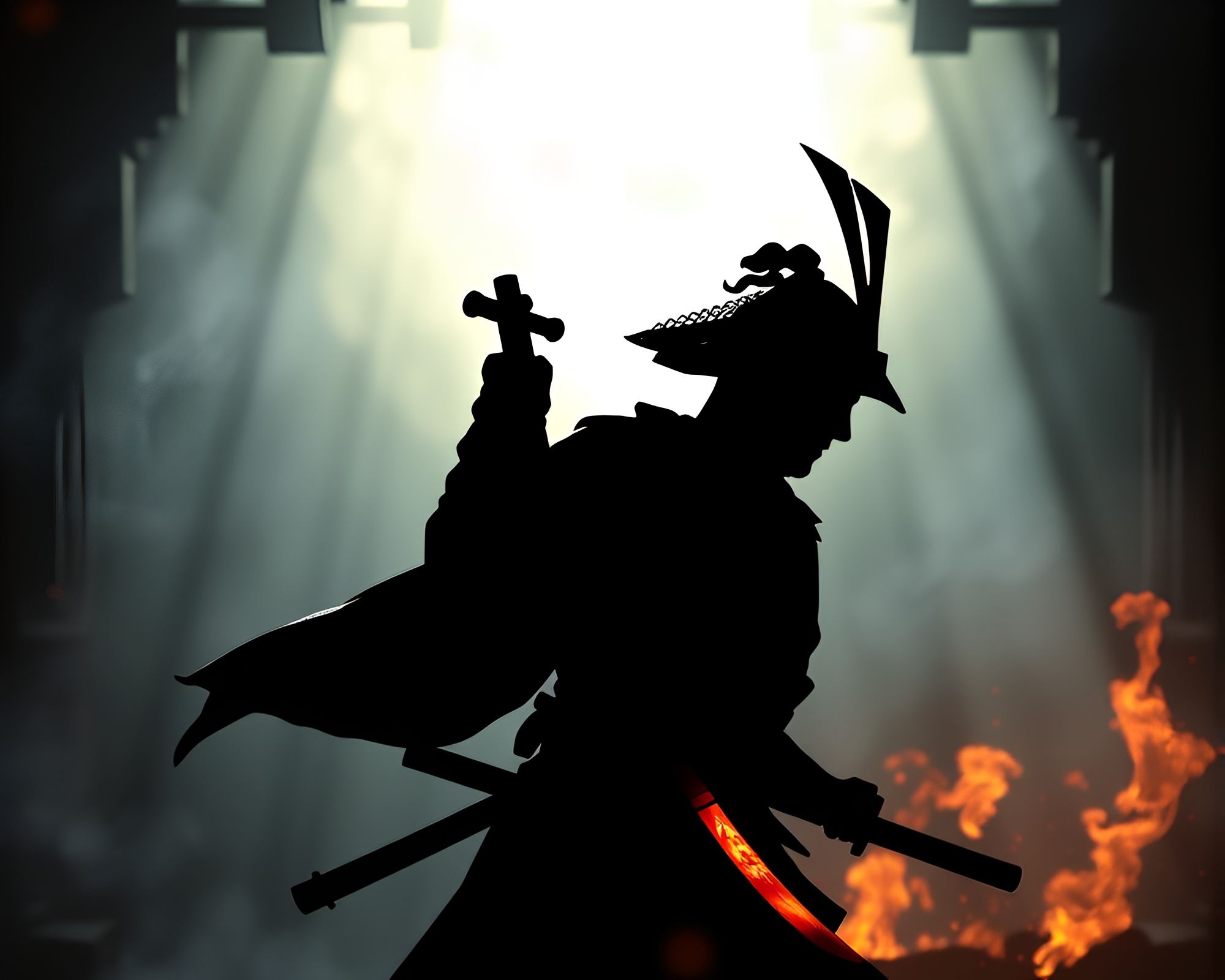 Shadowy Samurai Warrior in Dungeon Torchlight – free AI stock image