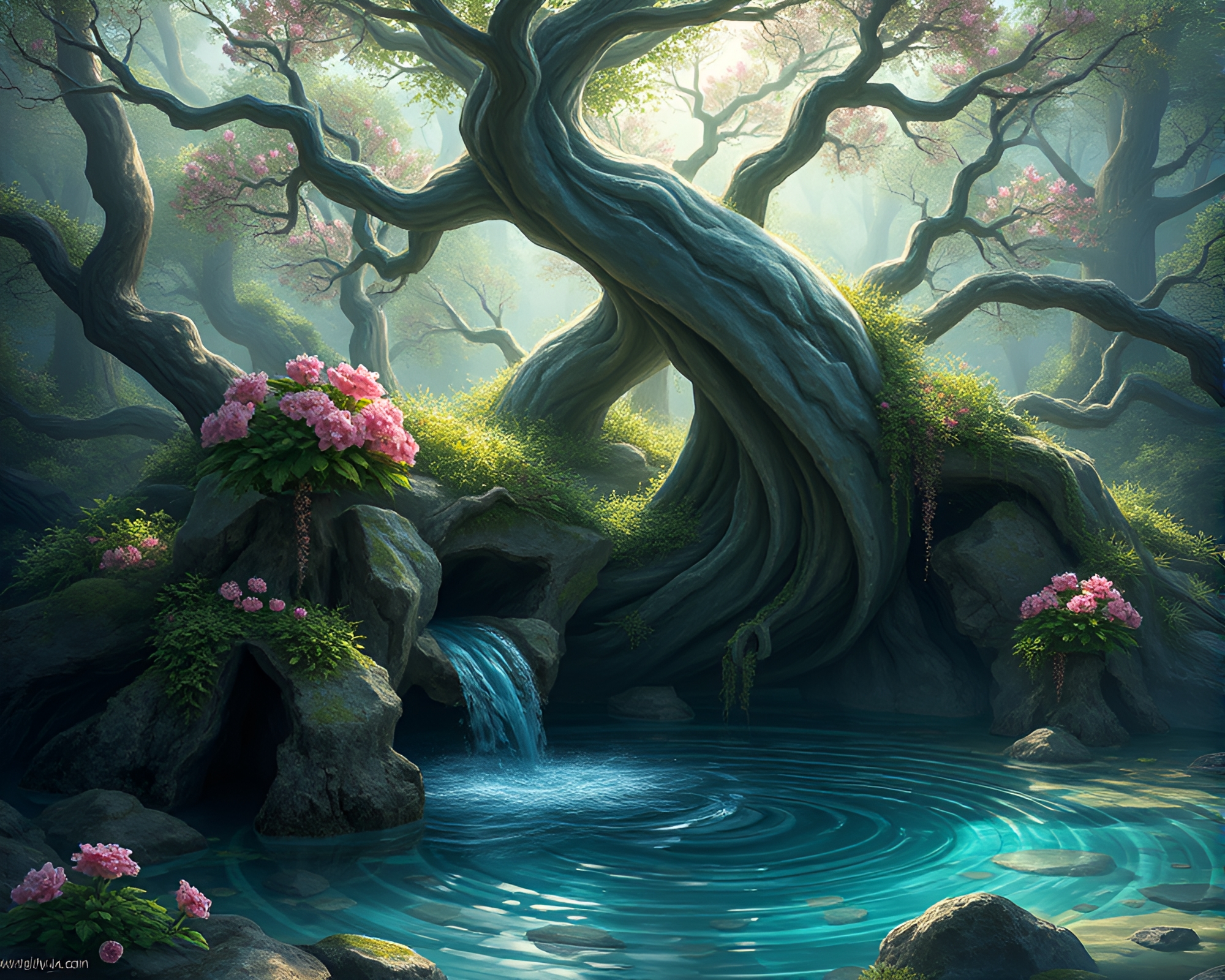 Enchanting Ancient Grove Water Whirlpool Fantasy Illustration – free AI stock image