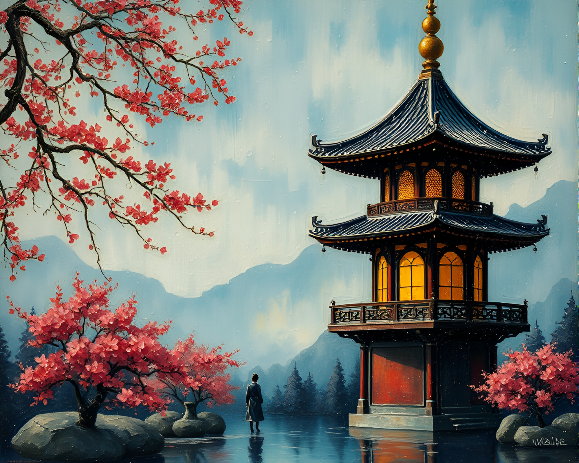 Encaustic Pagoda Reflecting Water Droplets Art – free AI stock image