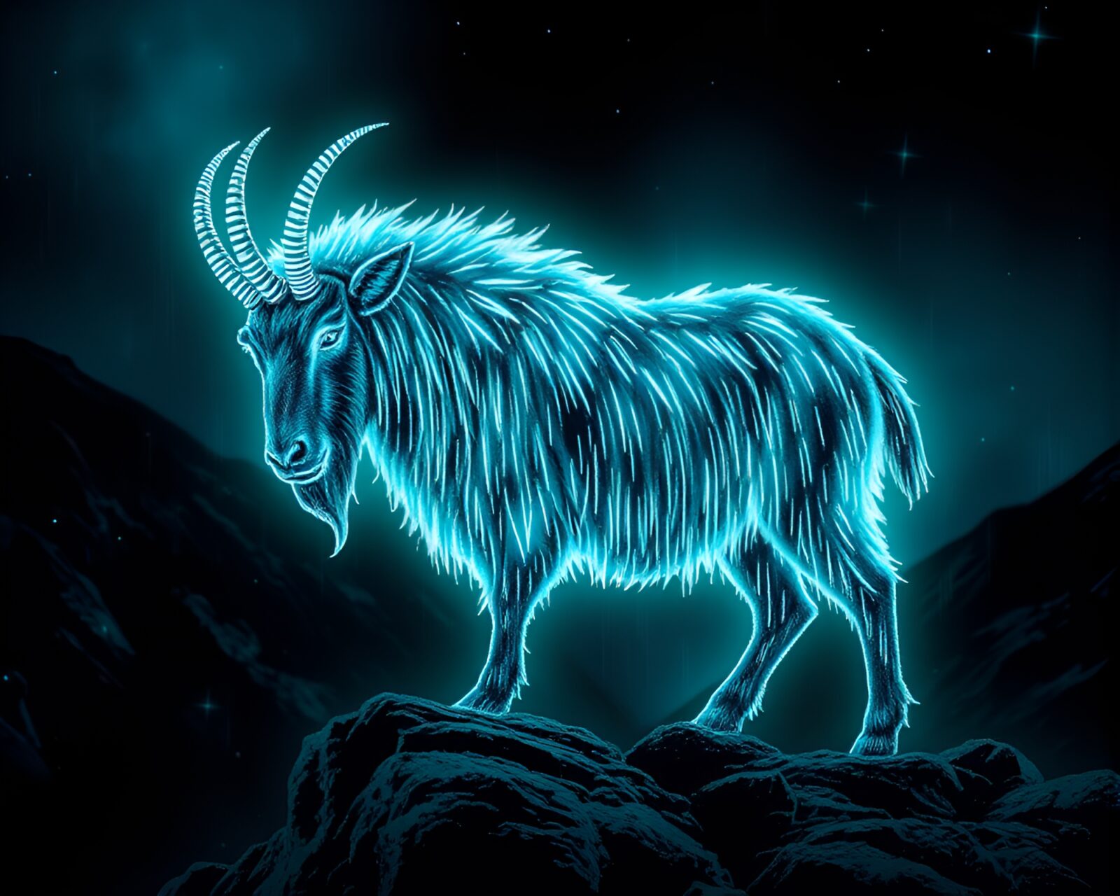 Mountain goat under neon glow surrounded by metallic surfaces