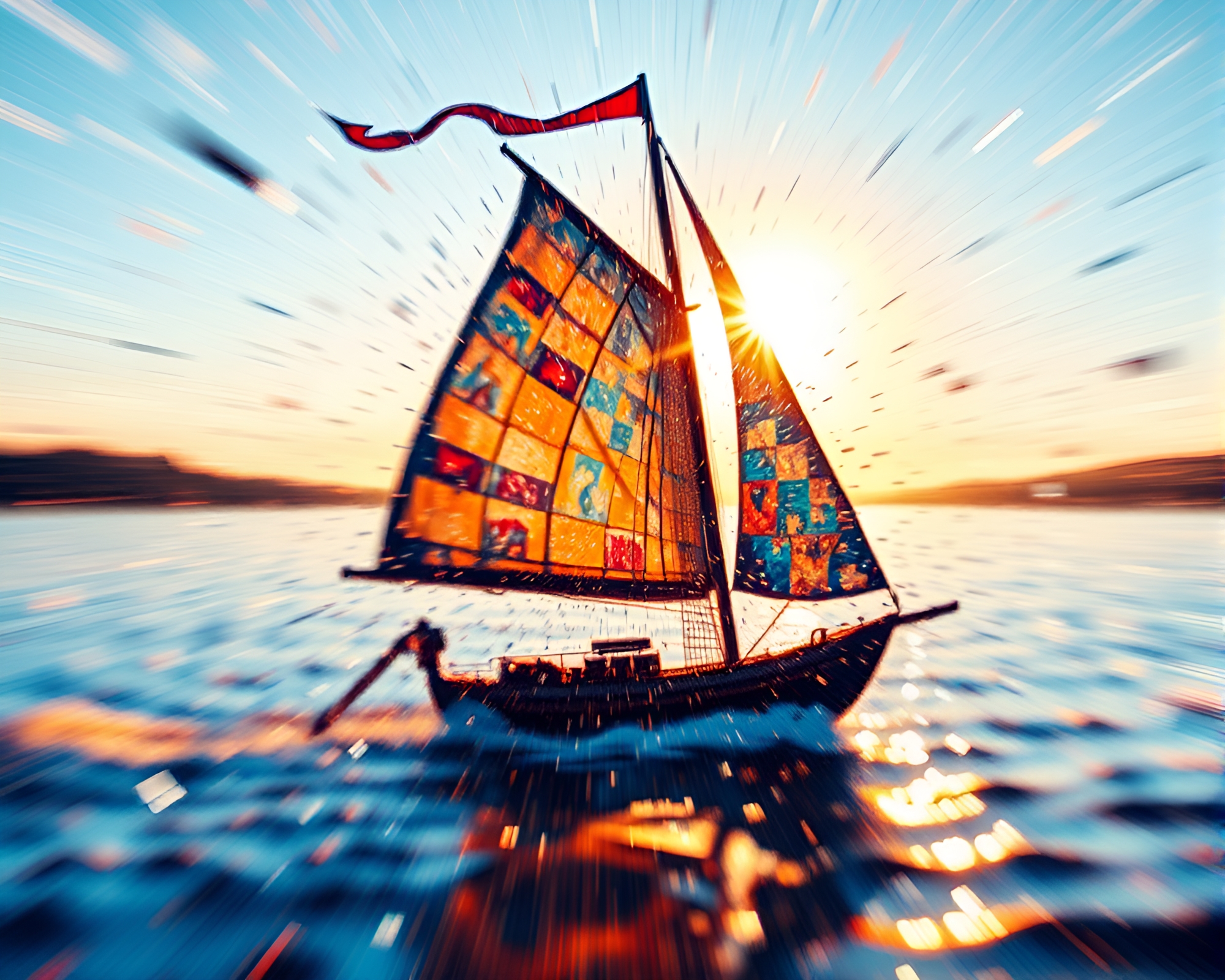 Solar Sailboat Disco Ball Splatter Art Composition – free AI stock image