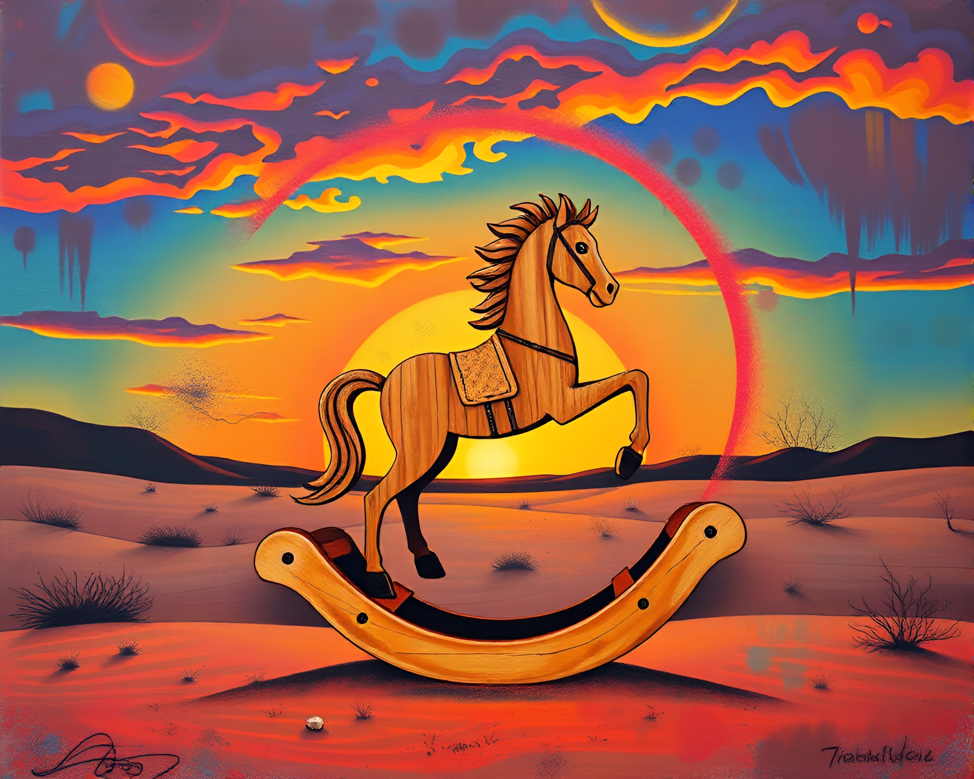 Graffiti Fibonacci Spiral Wooden Rocking Horse At Desert Sunset – free AI stock image