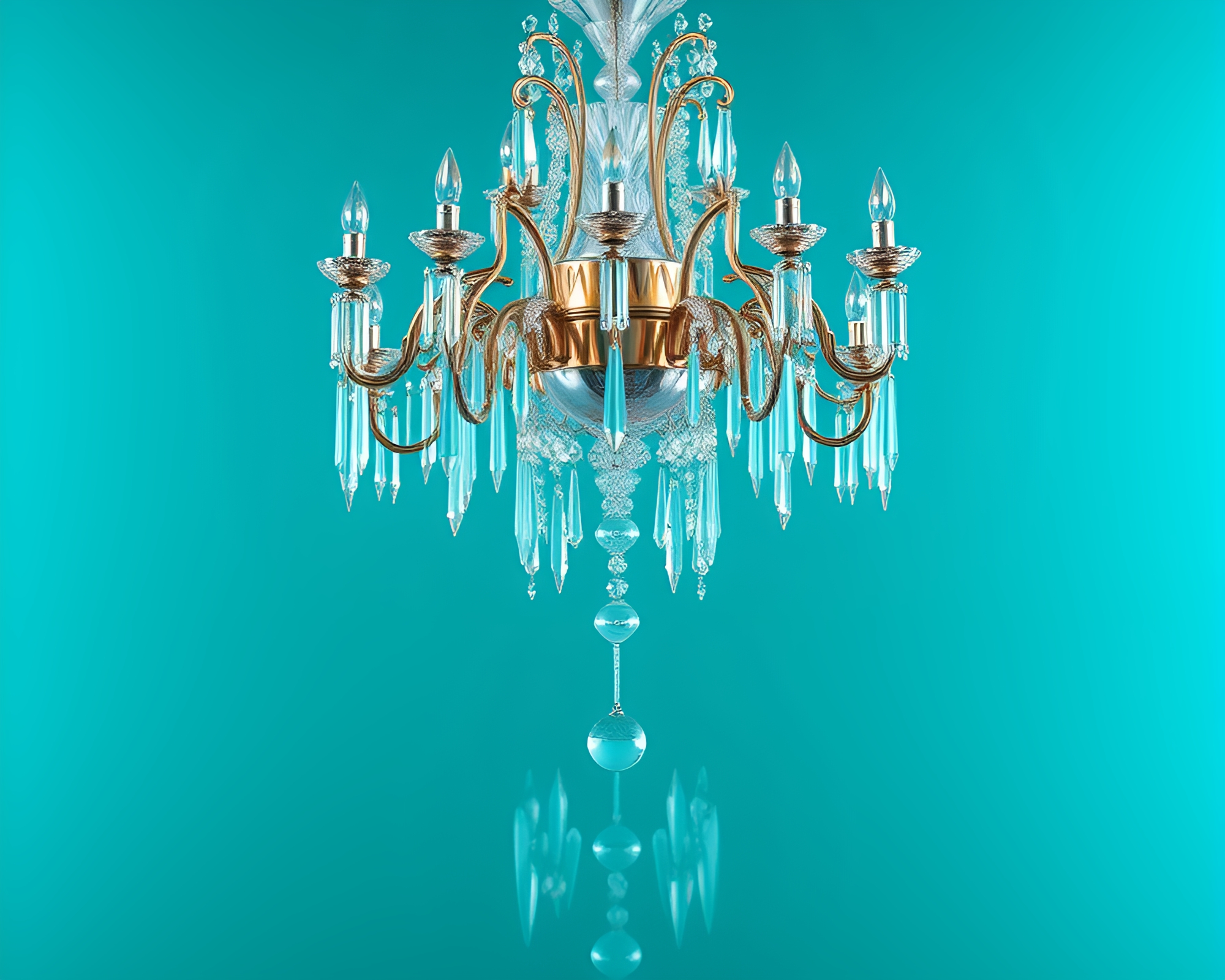 Teal Serenity: Crystal Chandelier Reflection Abstraction – free AI stock image