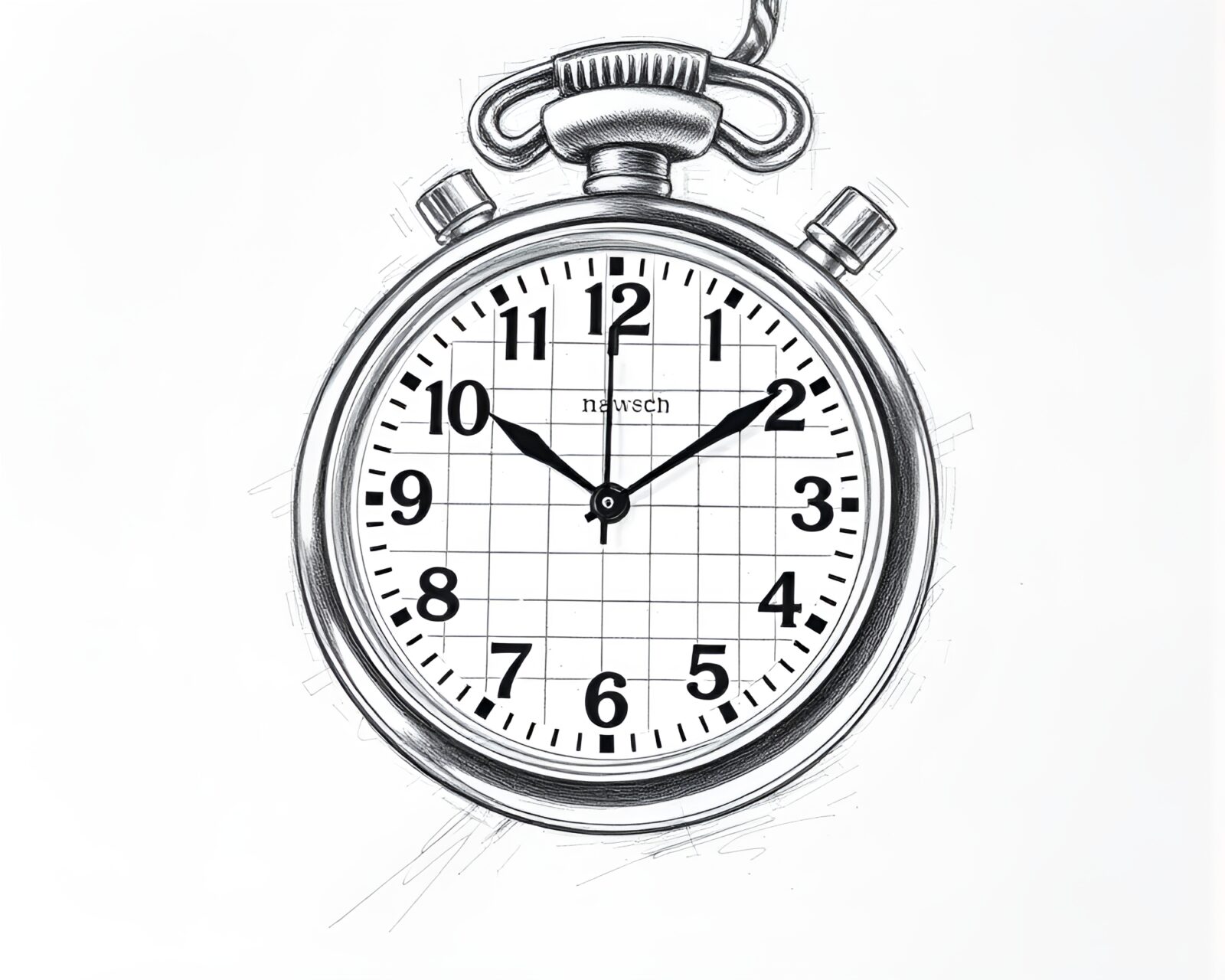 Monochrome pencil drawing of antique pocket watch on intricate grid background