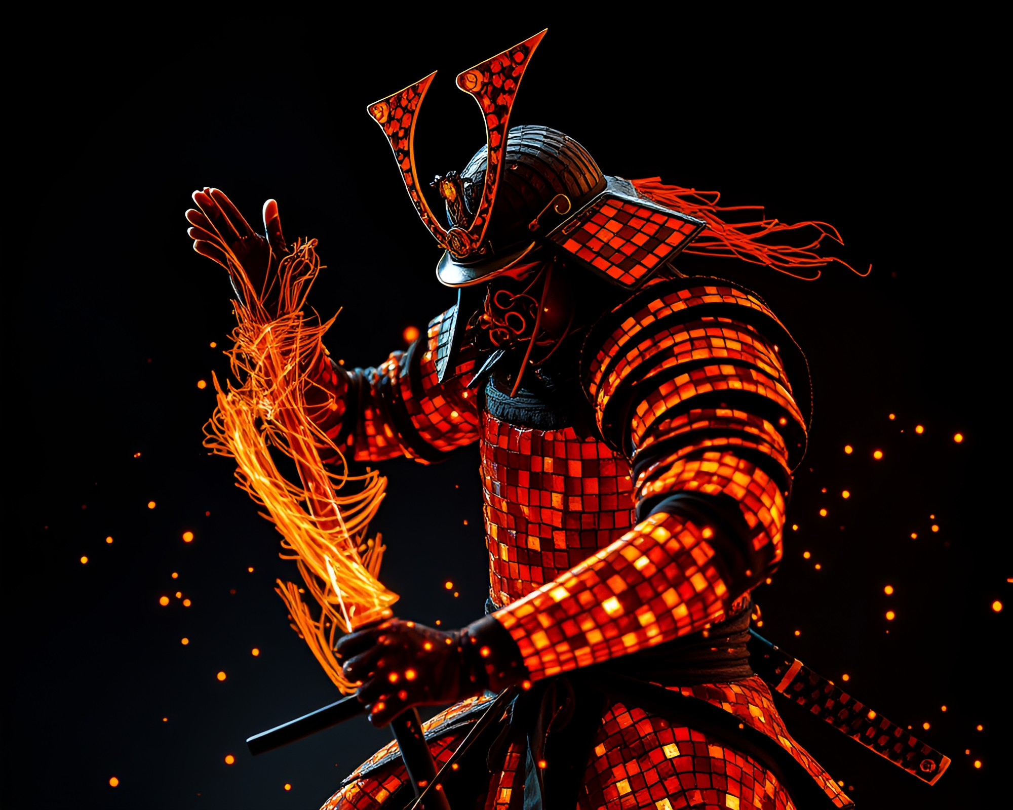 Dynamic Samurai Warrior Pose in Mosaic Lighting Studio – free AI stock image