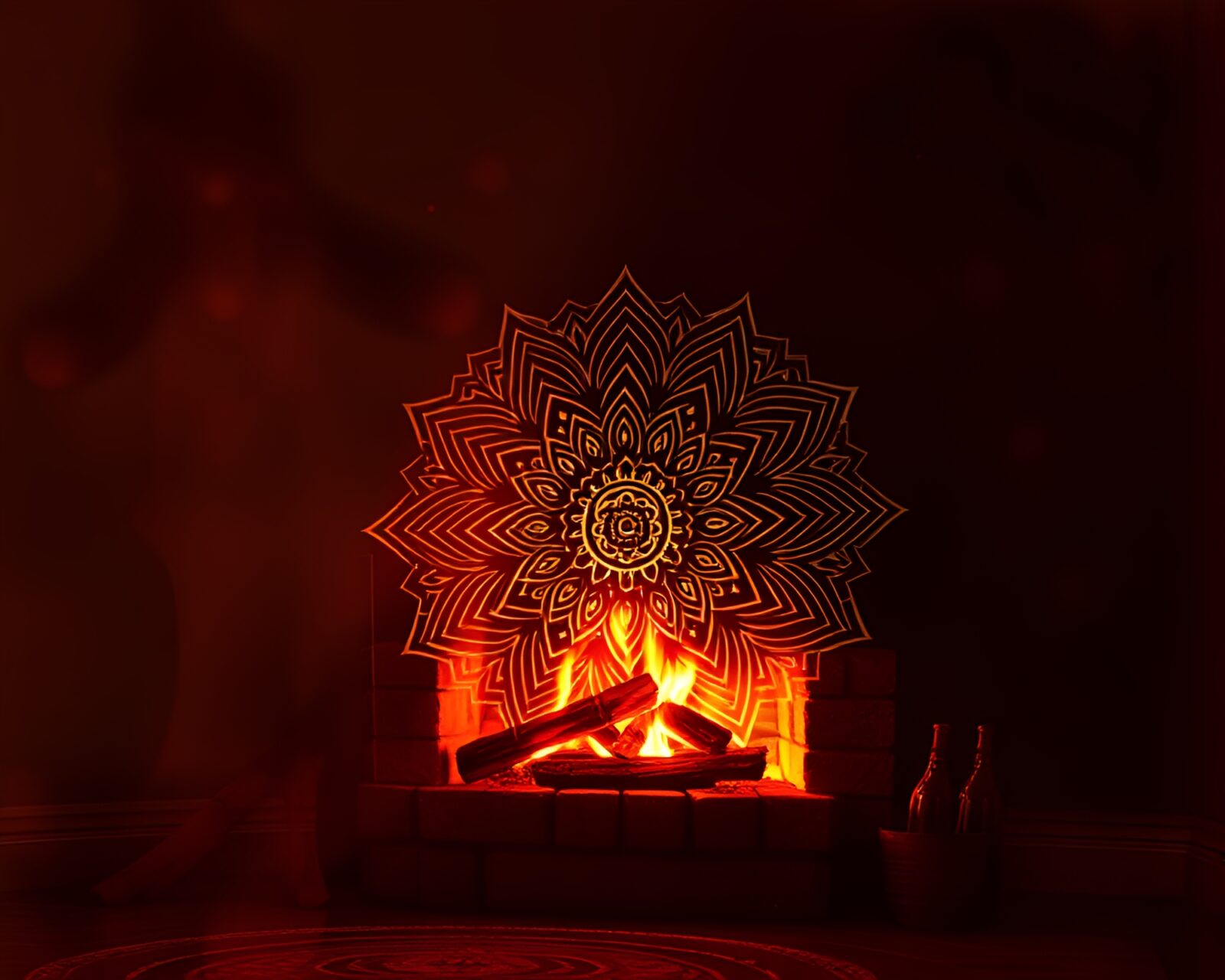 Grunge style mandala design with grain overlay by fireplace light