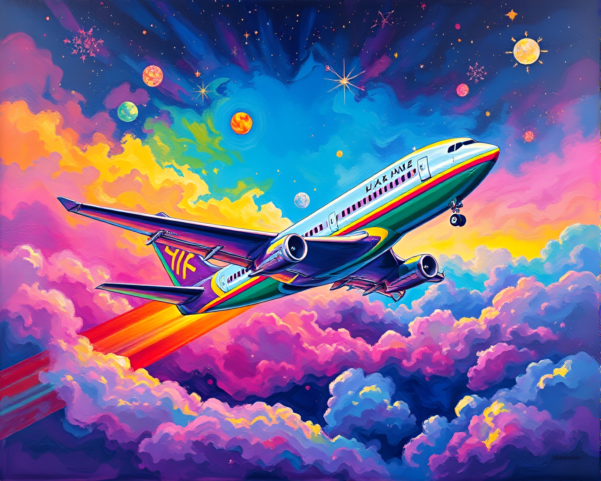 Cosmic Rainbow Airplane Acrylic Painting – free AI stock image