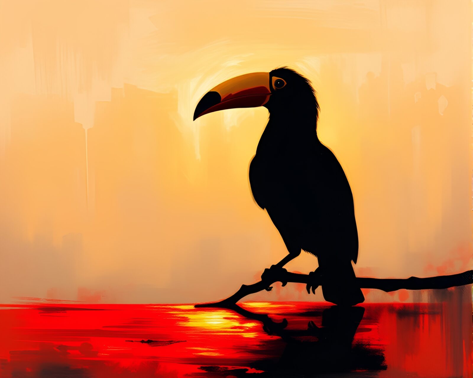 Vibrant Toucan silhouette reflected in abstract brick red depths