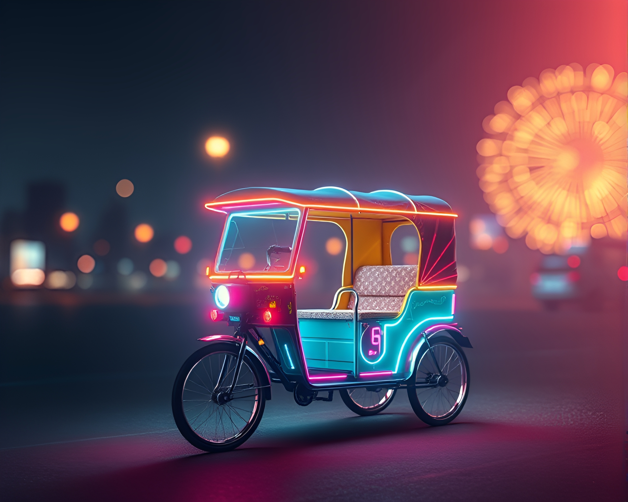 Fiber Optics Rickshaw Journey through Wireframe Planets – free AI stock image