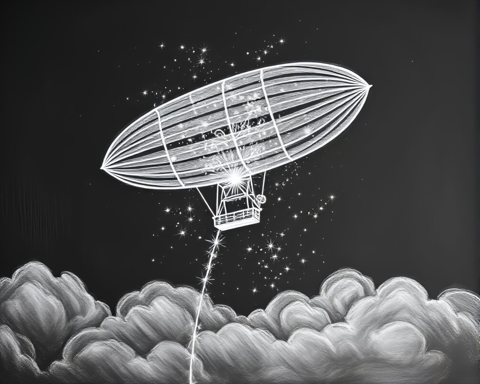Intricate chalkboard drawing of a sparkling Zeppelin with engraved details